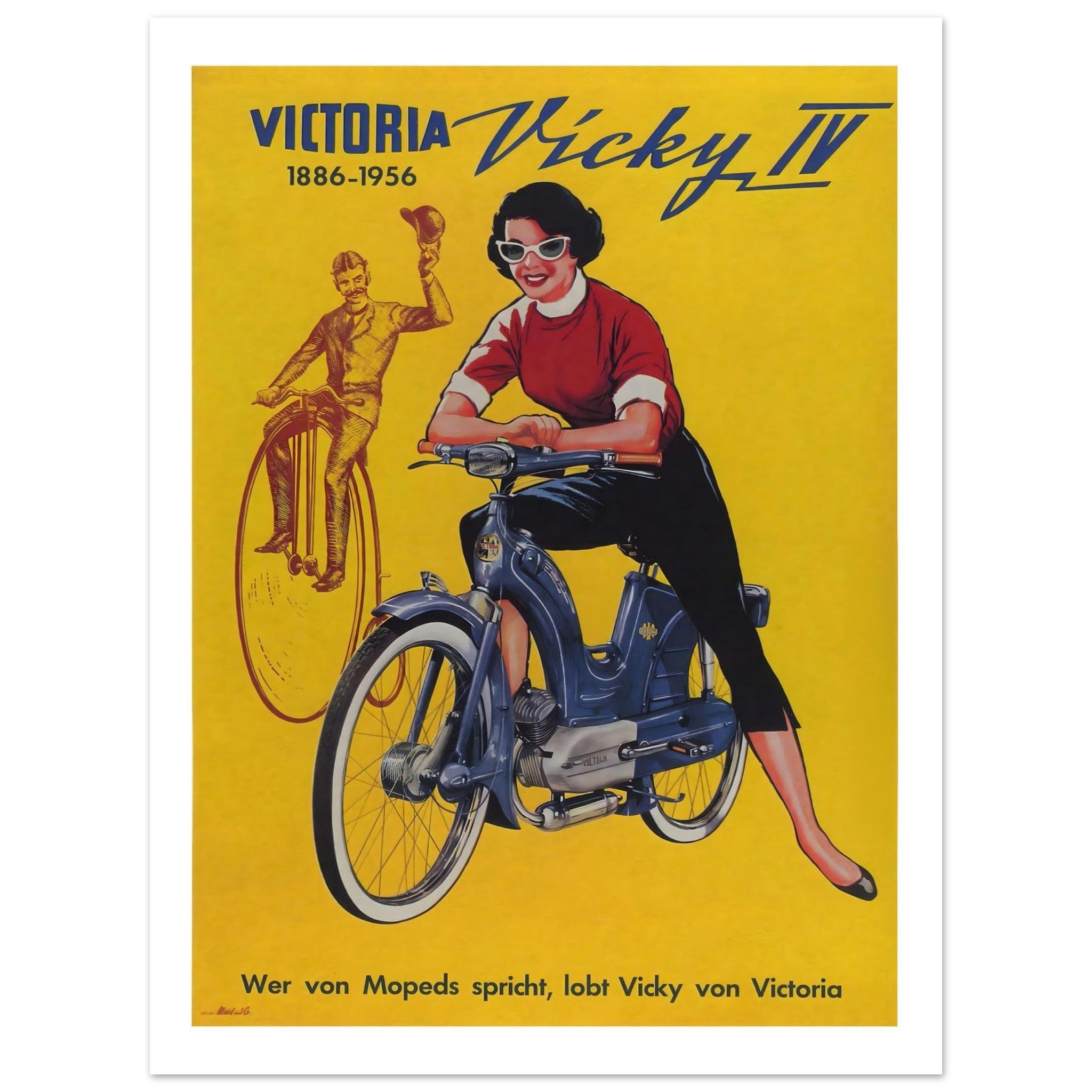 1956 Victoria Vicky IV moped advertisement showcasing a stylish woman riding a scooter against a vibrant yellow background.