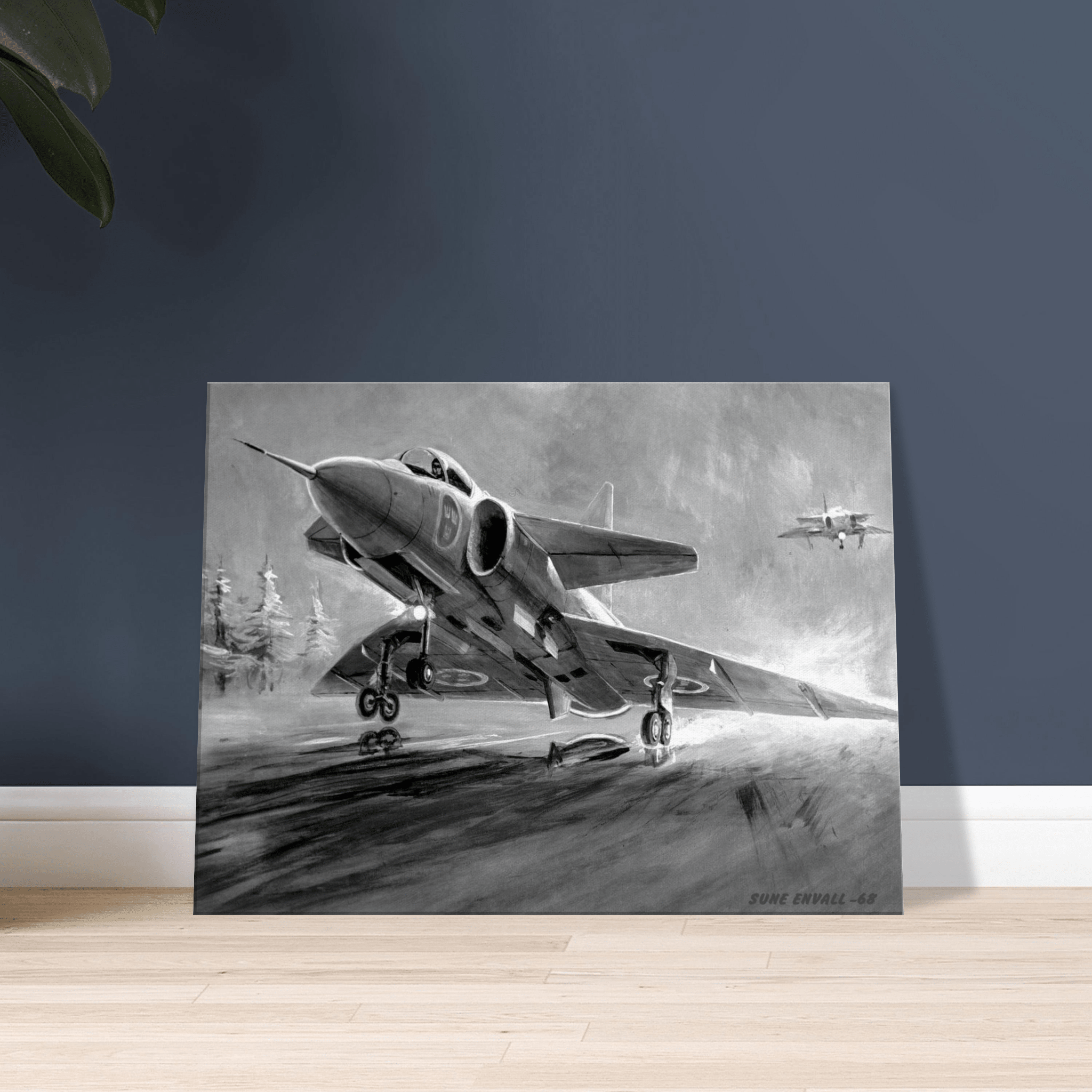 Viggen during landing canvas B&W - Transit Art