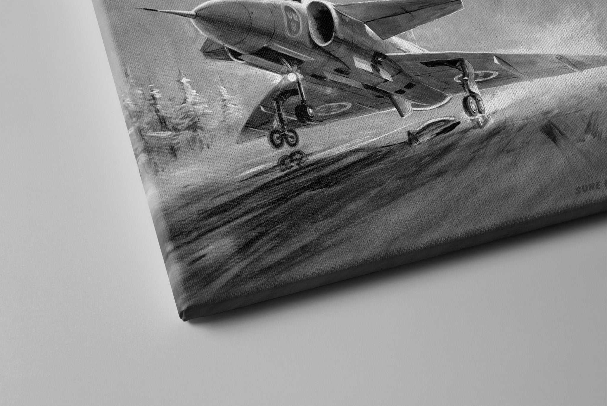 Viggen during landing canvas B&W - Transit Art