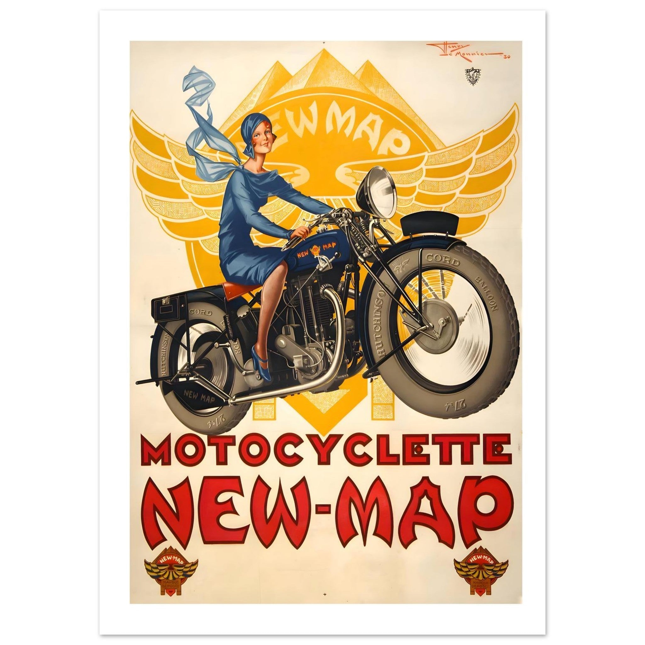 Vintage 1930 Motocyclette New - Map French Art Deco Poster - Transit Art