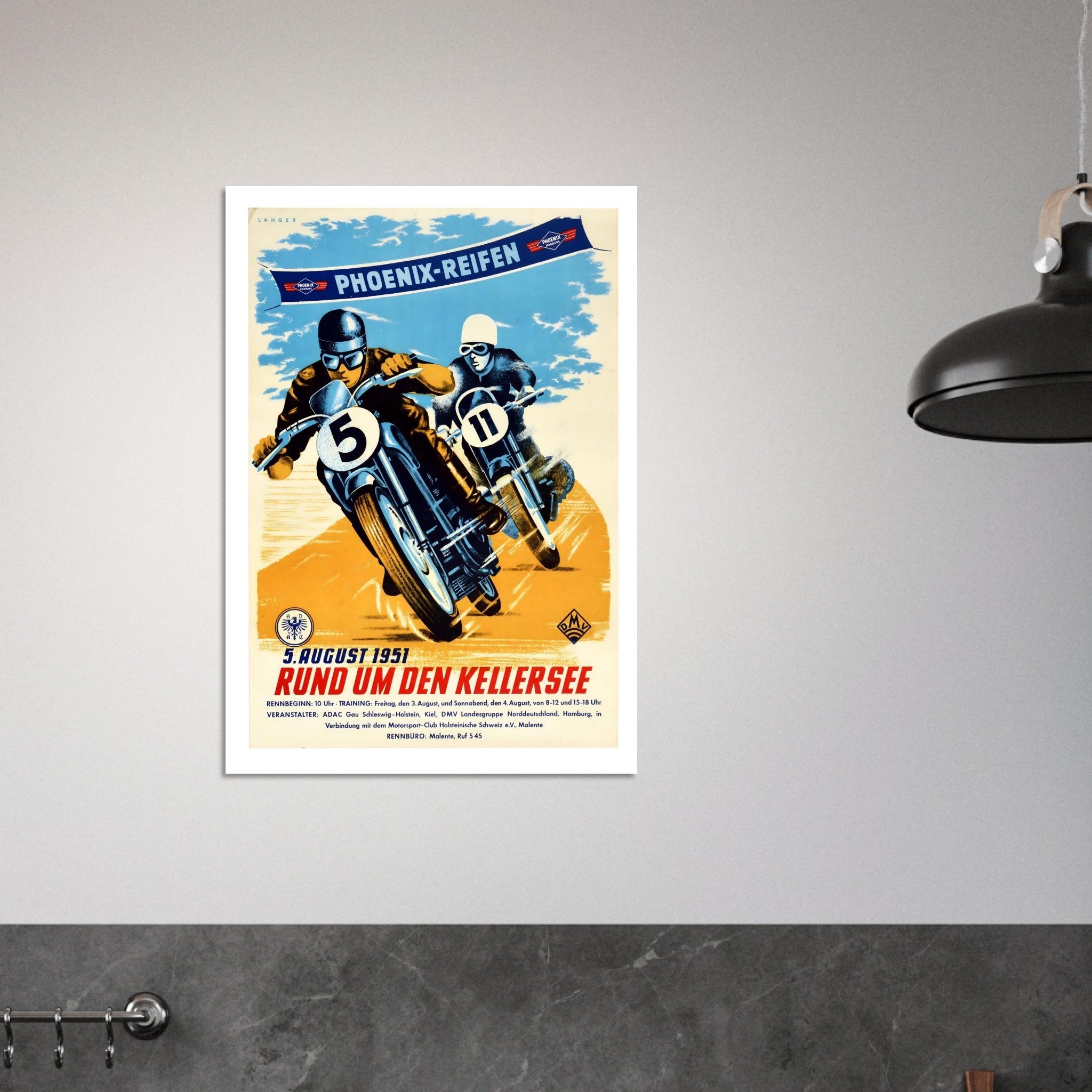 Vintage 1951 Rund um den Kellersee Motorcycle Poster - Transit Art