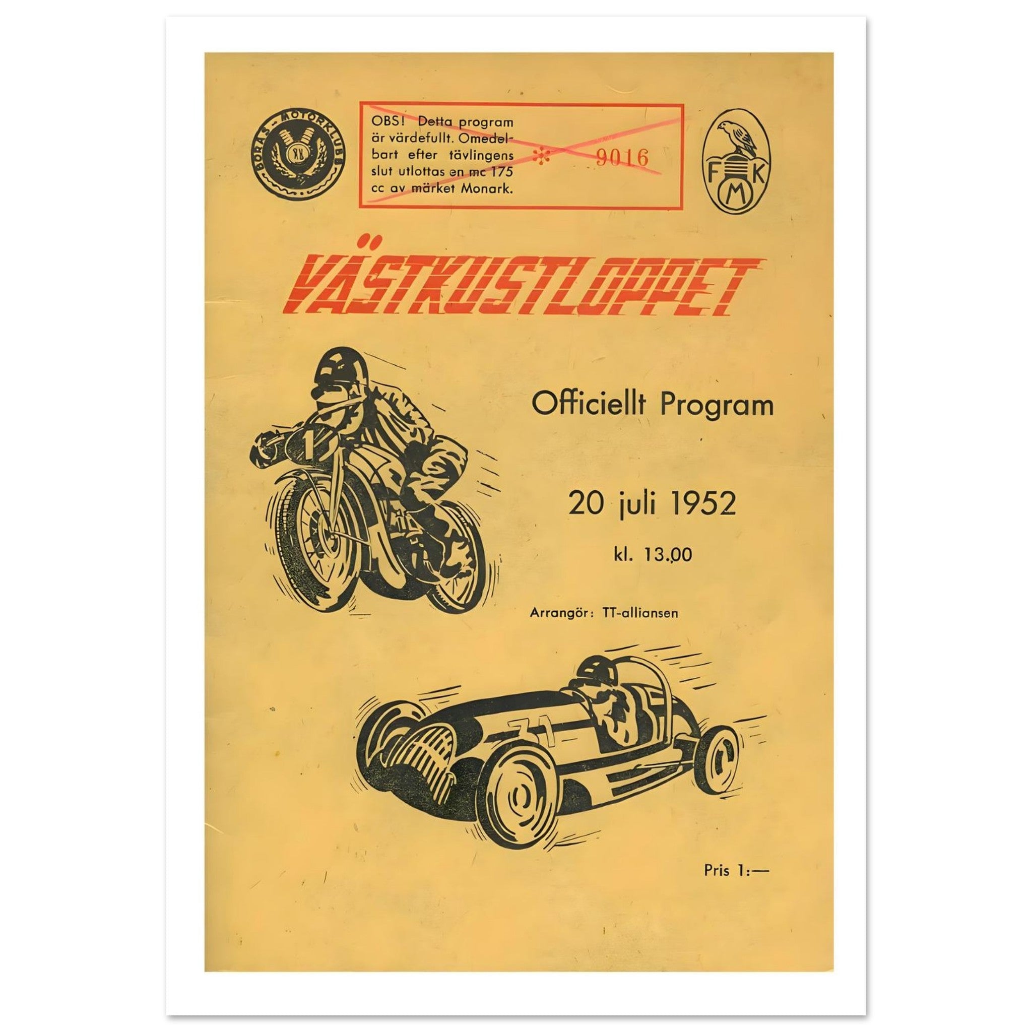 Vintage 1952 Västkustloppet Official Race Program - Transit Art