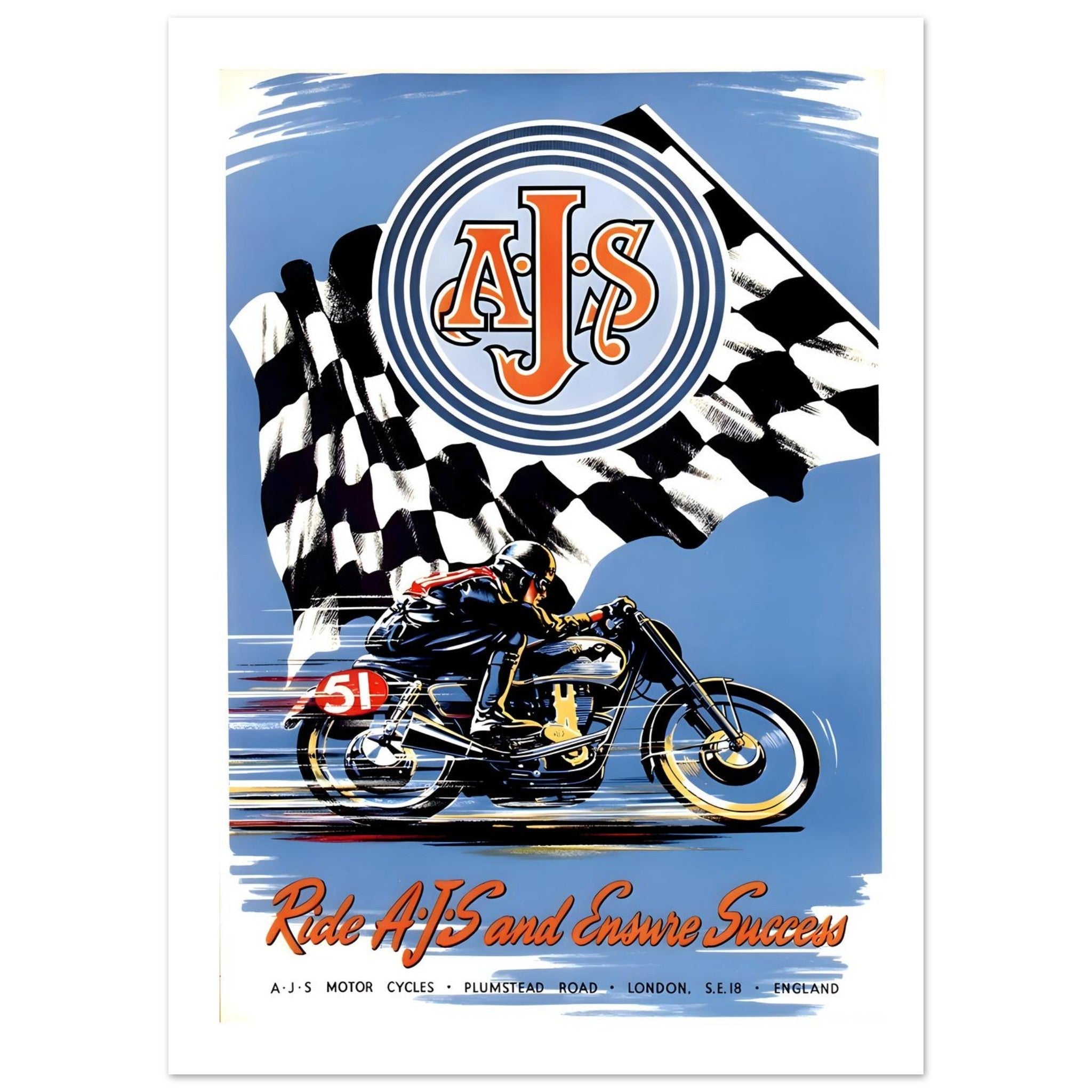 Vintage AJS Success Checkered Flag Poster - Transit Art