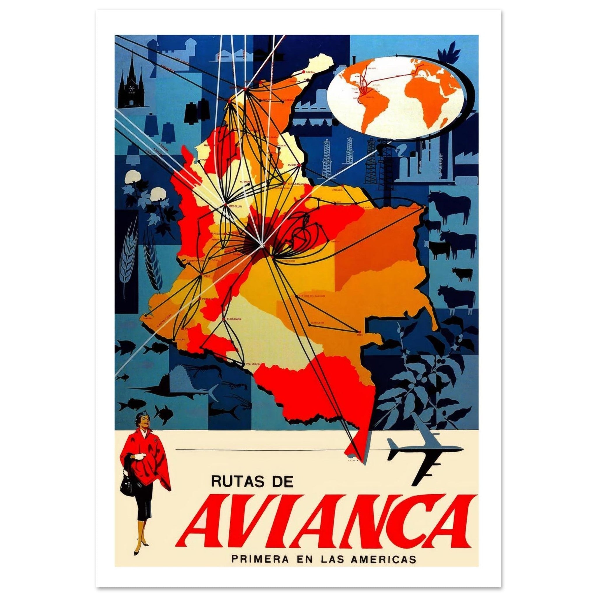 Vintage Avianca Map Poster Highlighting Colombian Flight Routes - Transit Art