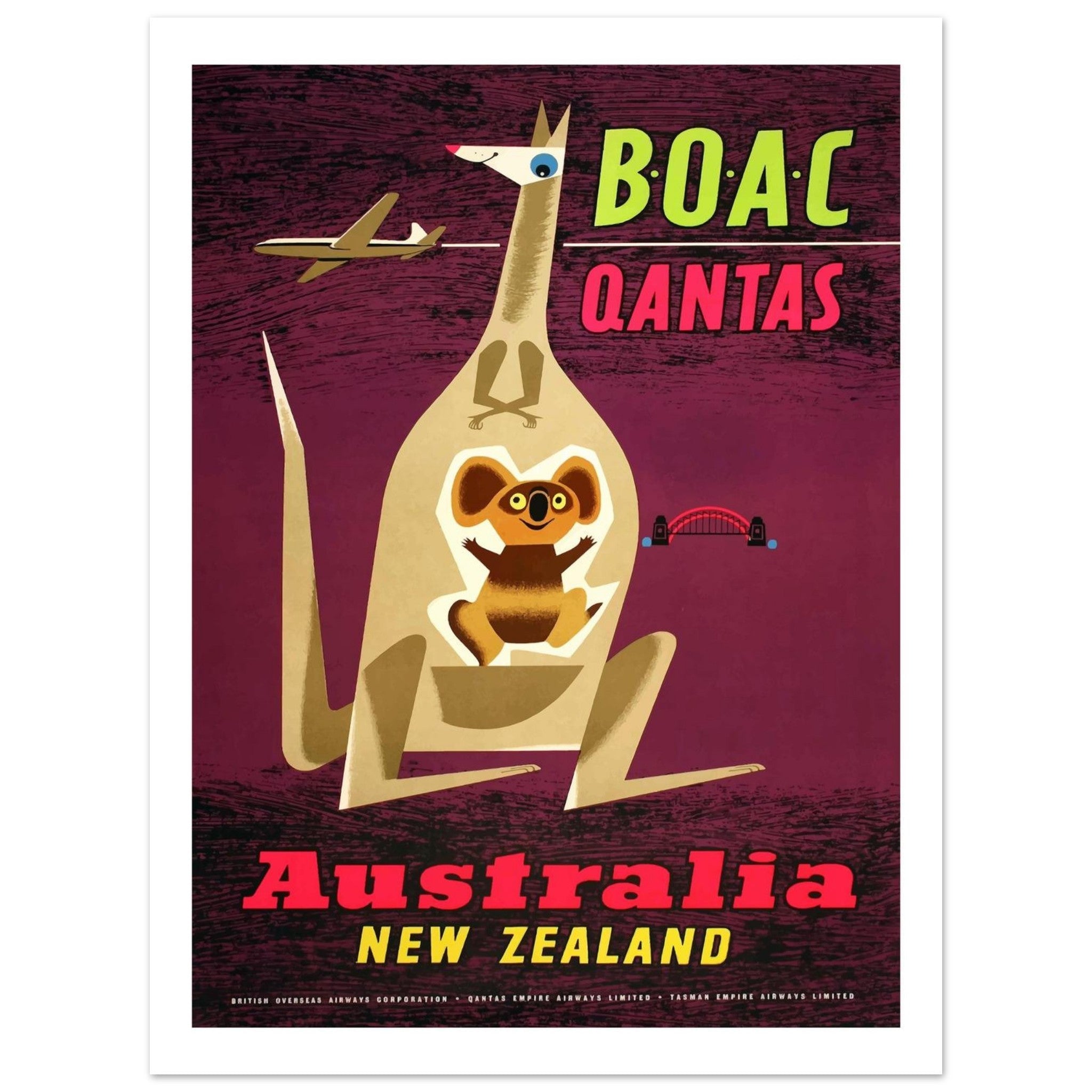 Vintage BOAC and Qantas Travel Poster: Australia and New Zealand - Transit Art