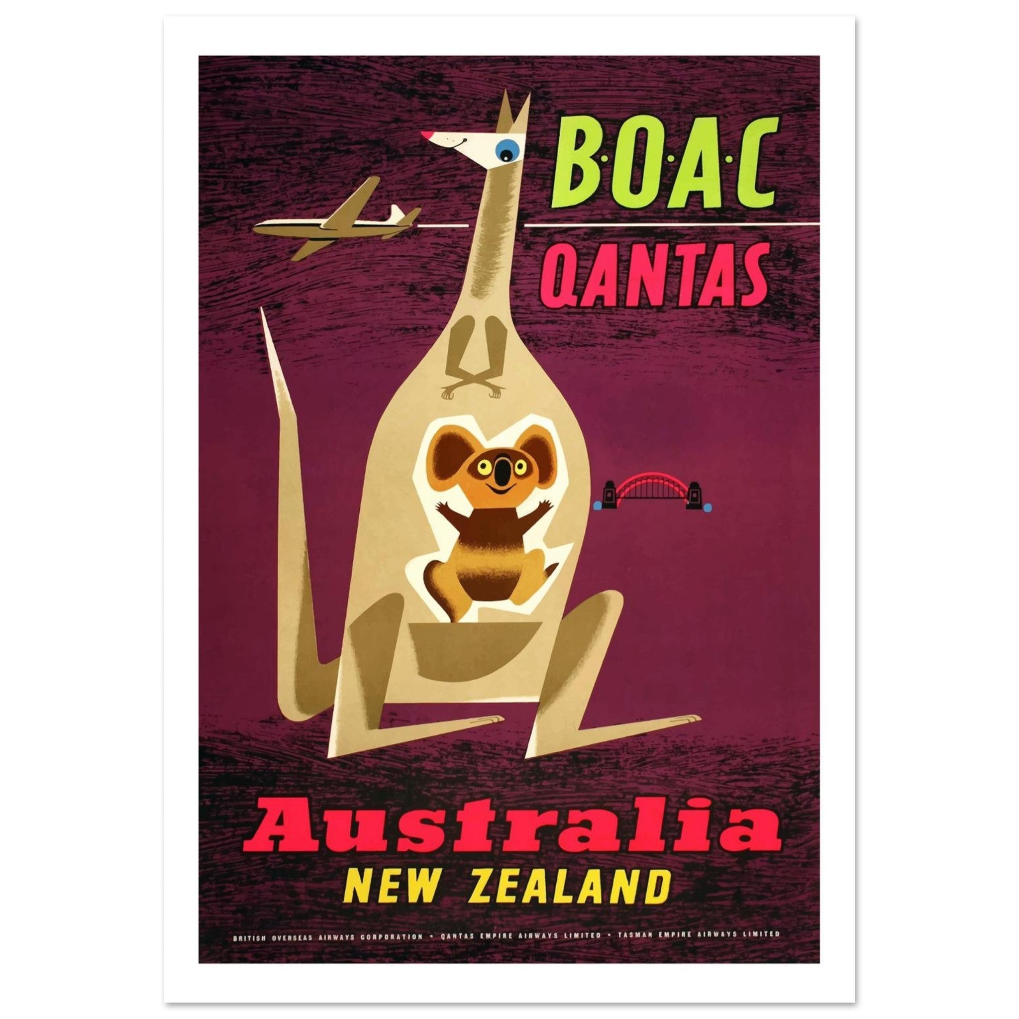 Vintage BOAC and Qantas Travel Poster: Australia and New Zealand - Transit Art