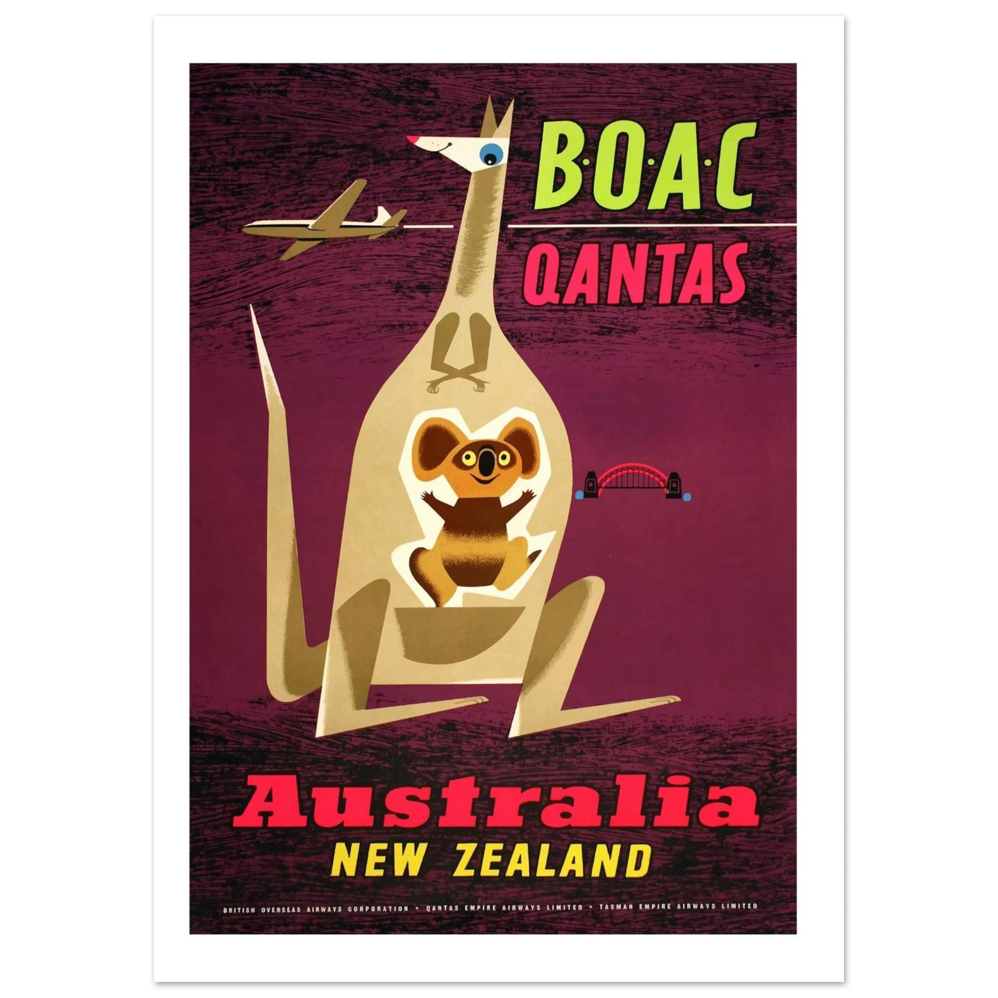 Vintage BOAC and Qantas Travel Poster: Australia and New Zealand - Transit Art