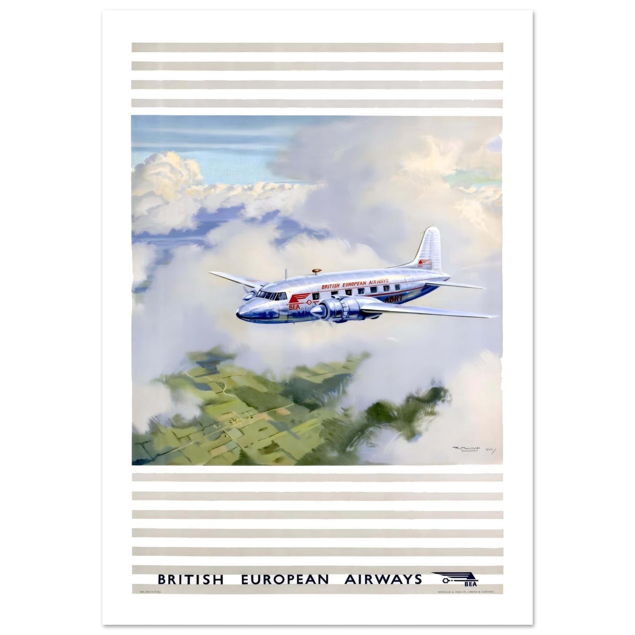 Vintage British European Airways Poster Featuring A Silver Plane - Transit Art