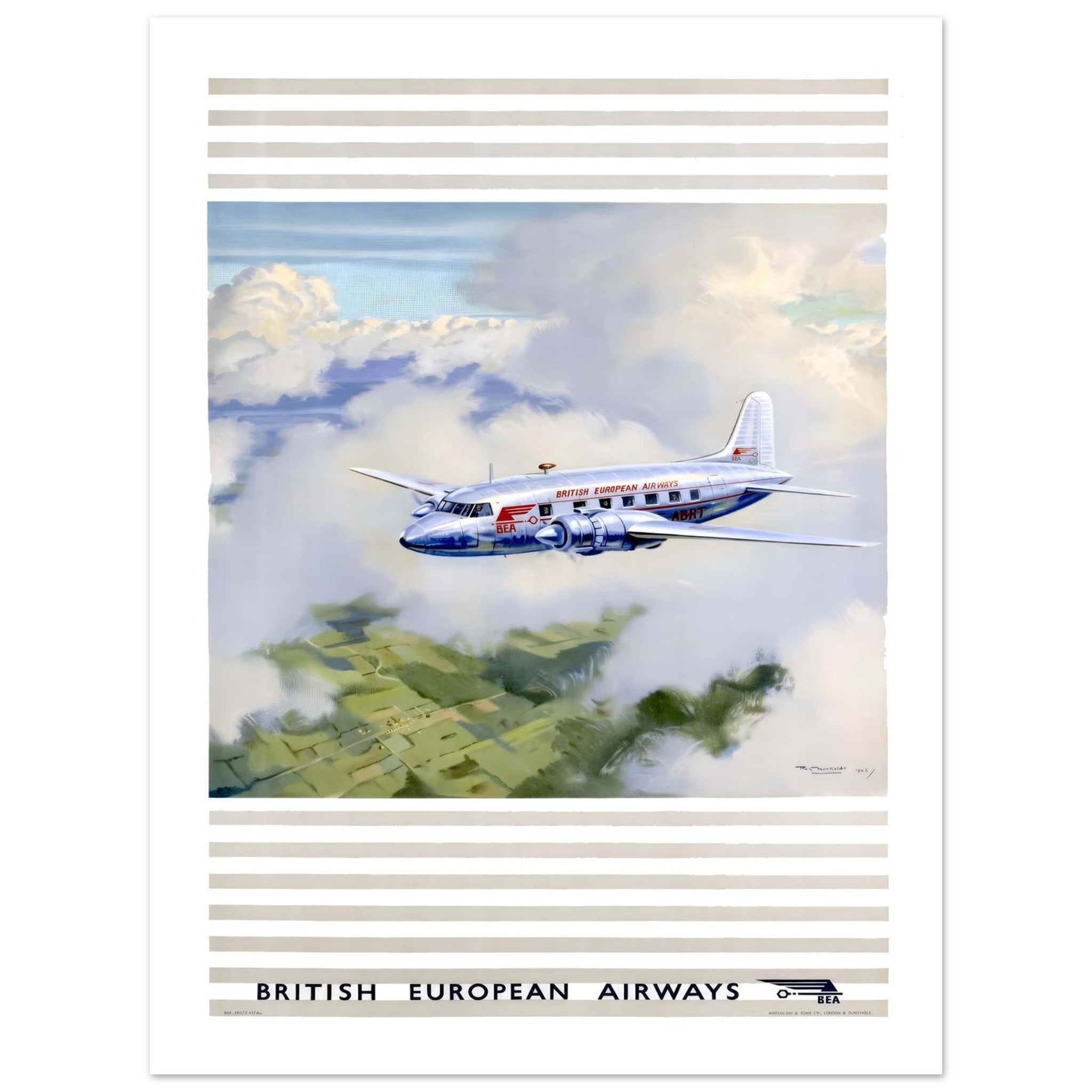 Vintage British European Airways Poster Featuring A Silver Plane - Transit Art