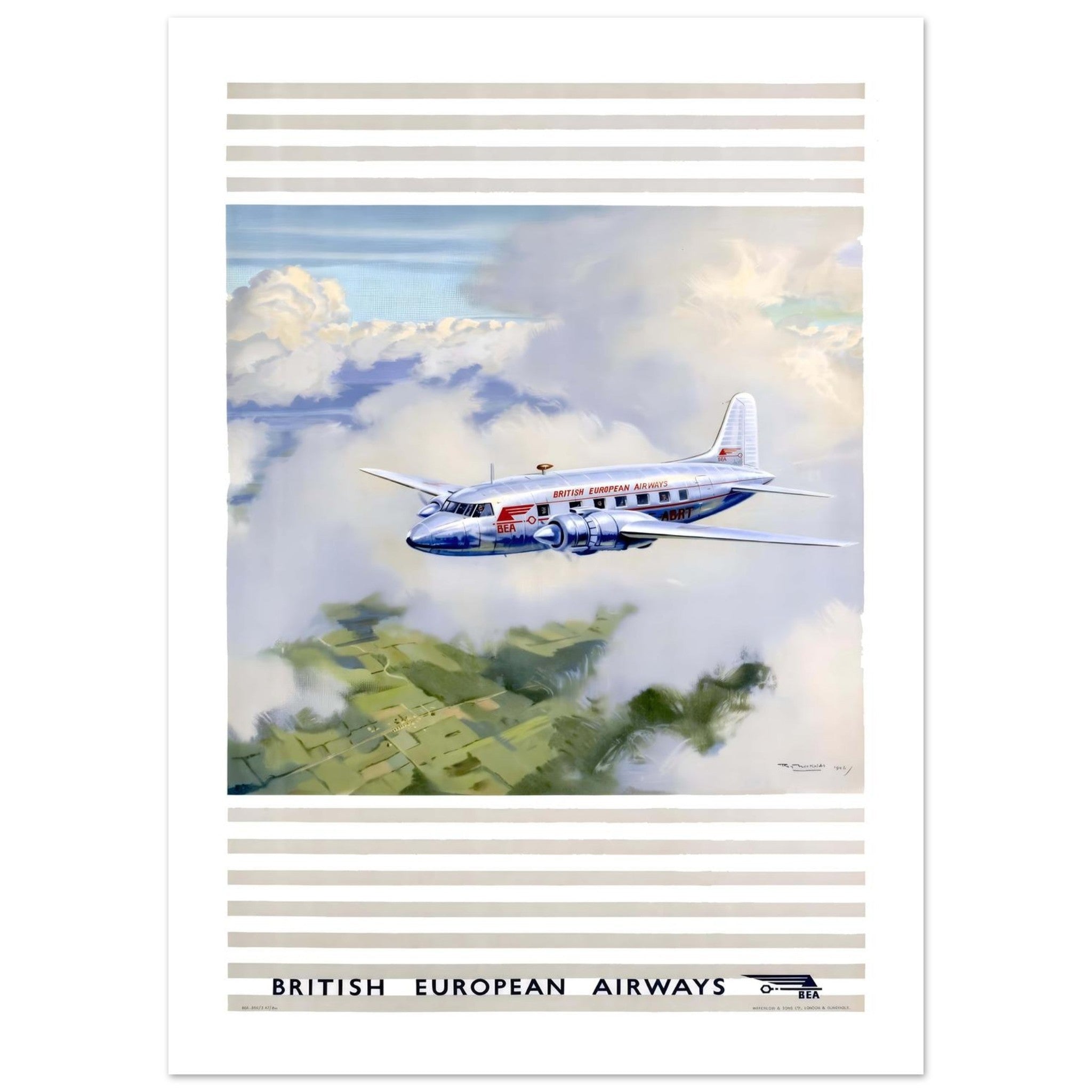 Vintage British European Airways Poster Featuring A Silver Plane - Transit Art