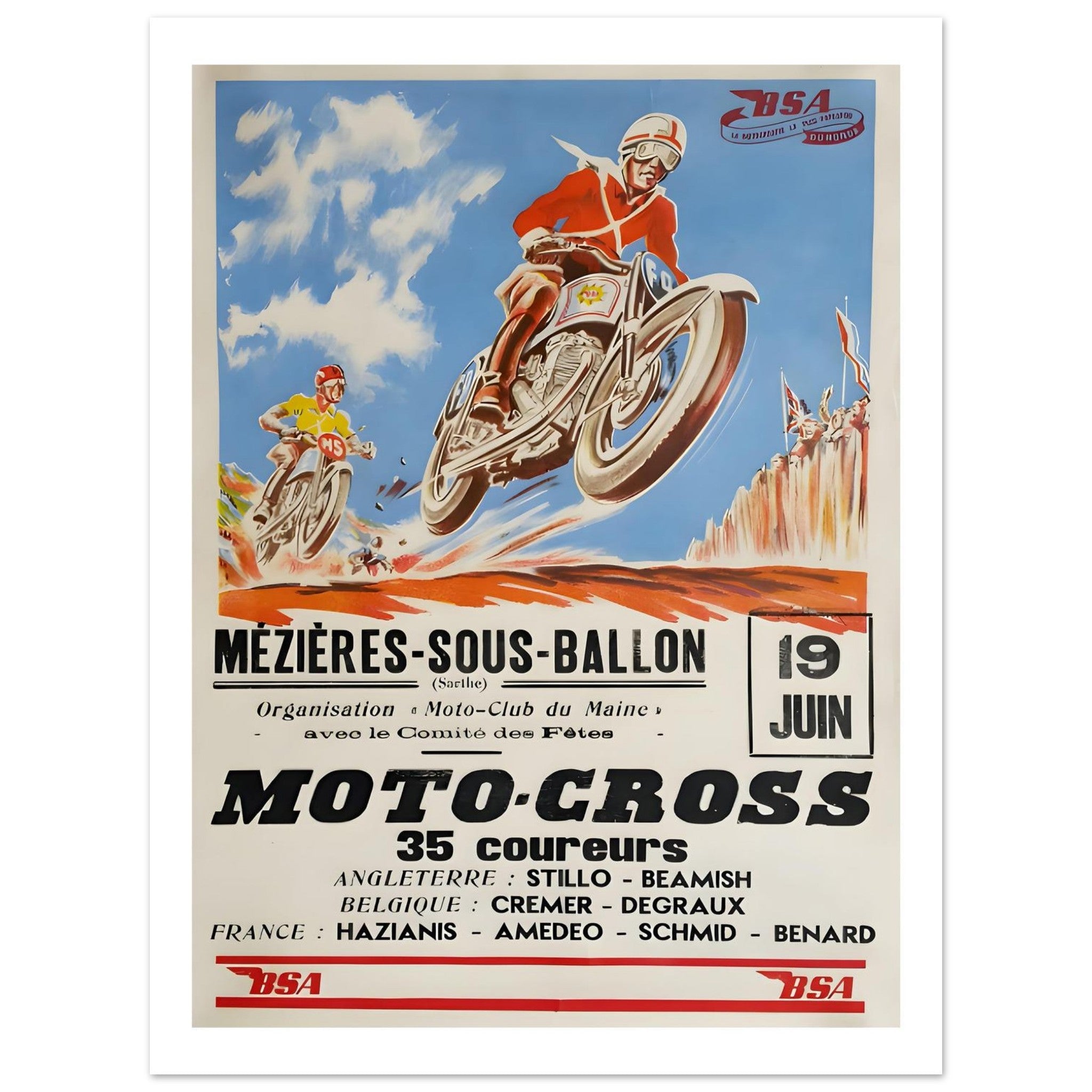 Vintage BSA Moto - Cross Poster From Mézières - sous - Ballon Racing Event - Transit Art