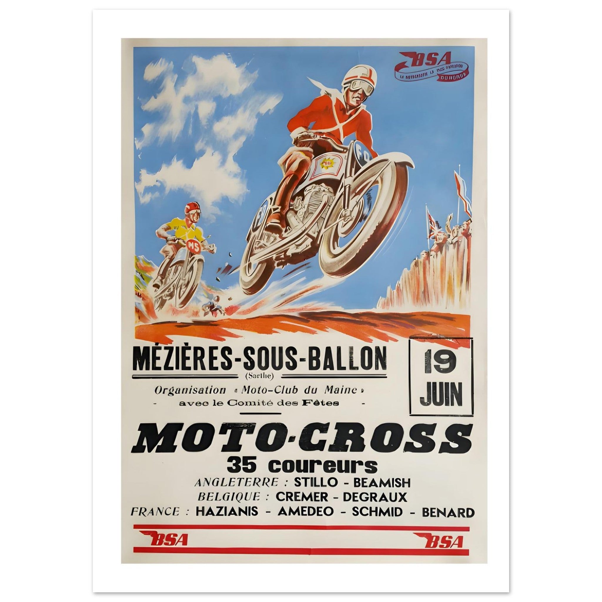 Vintage BSA Moto - Cross Poster From Mézières - sous - Ballon Racing Event - Transit Art