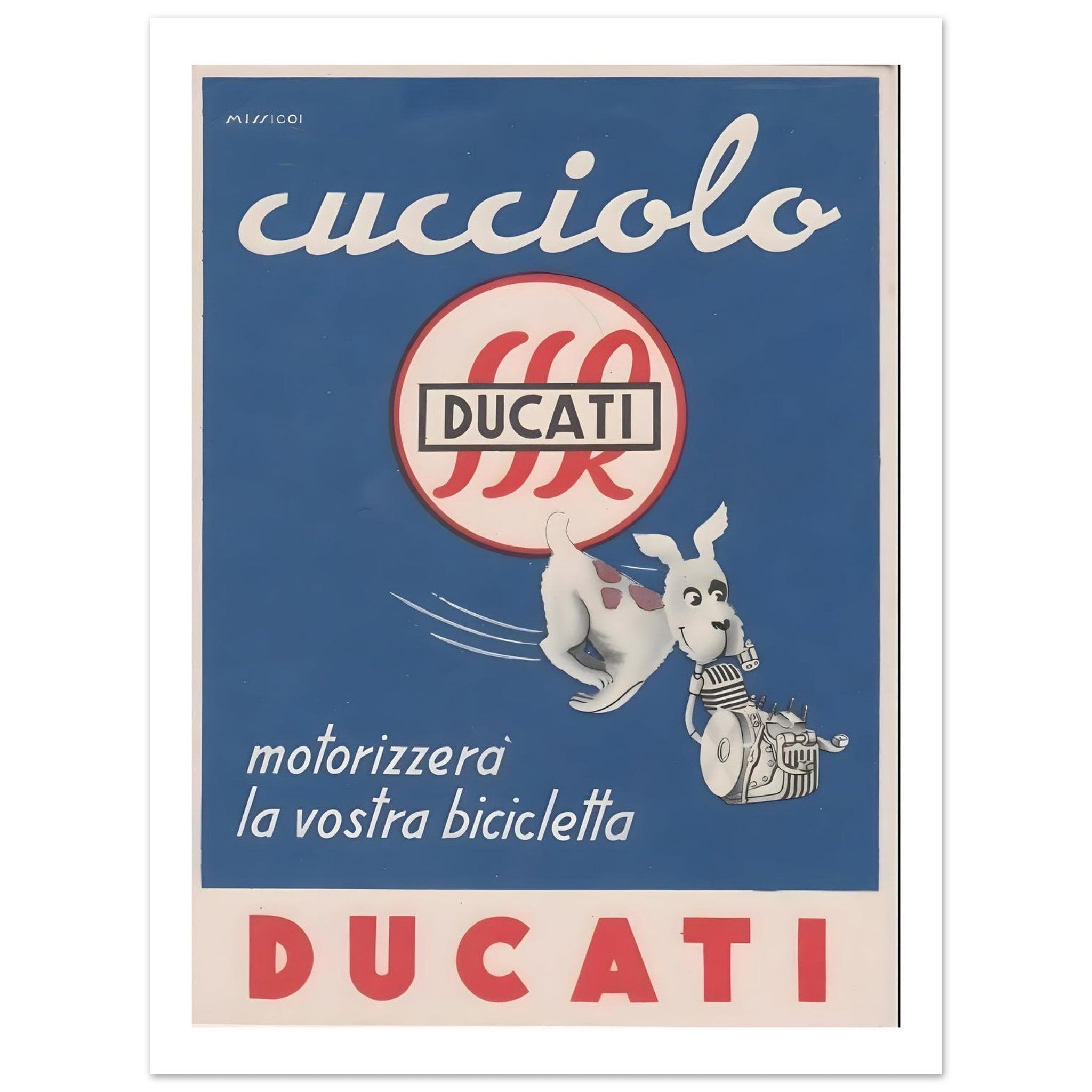 Vintage Ducati Cucciolo Motorized Bicycle Advertisement Poster - Transit Art