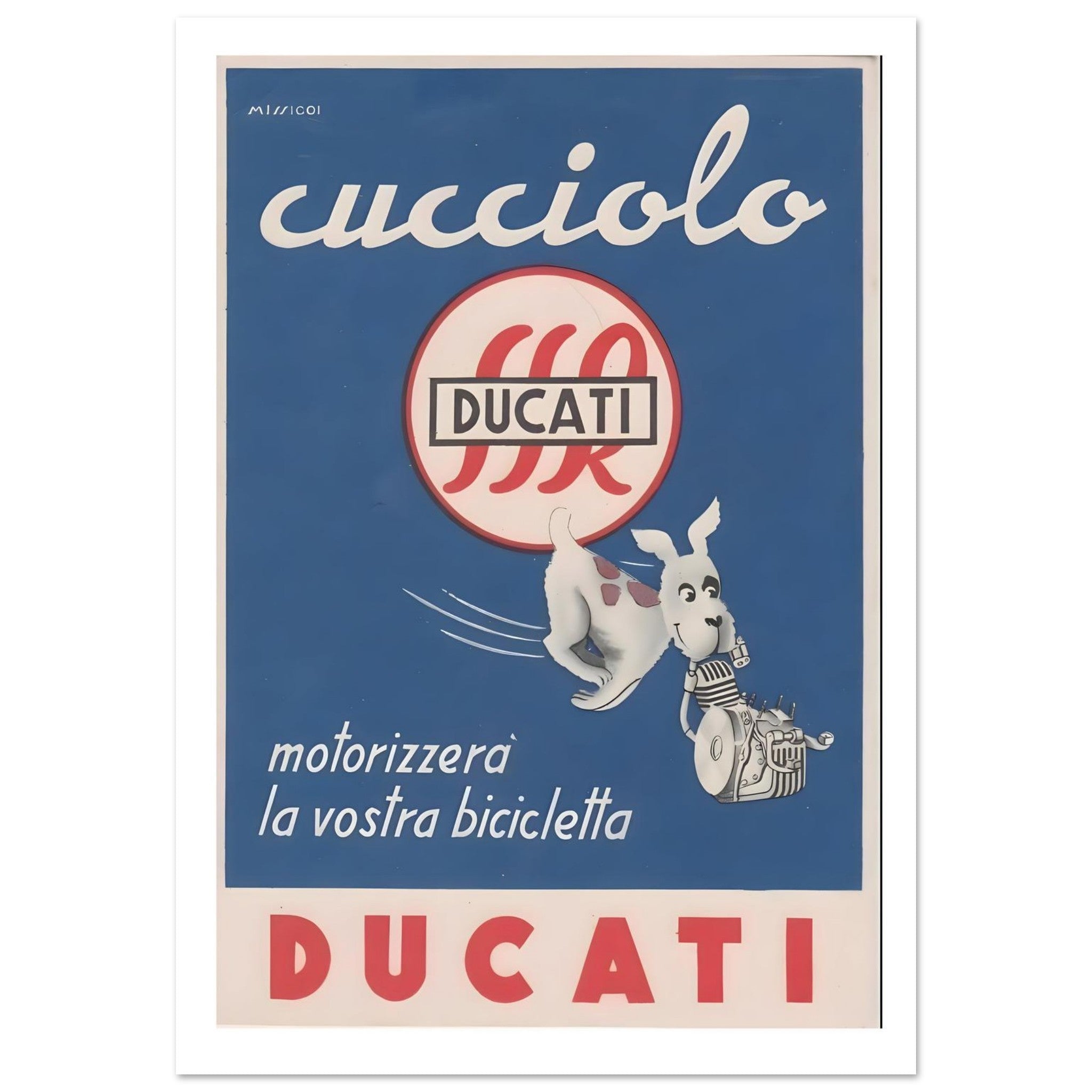 Vintage Ducati Cucciolo Motorized Bicycle Advertisement Poster - Transit Art