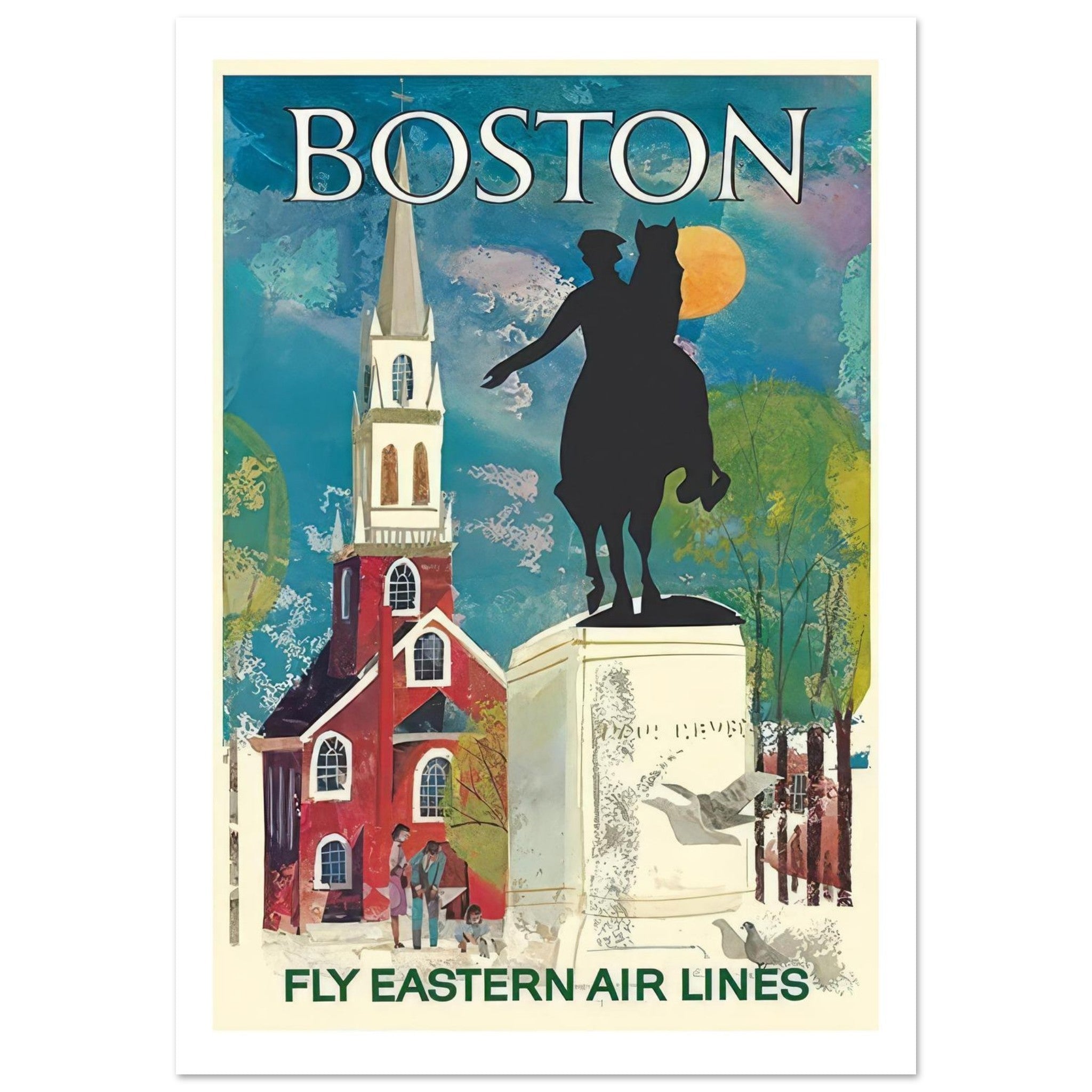 Vintage Boston travel poster featuring Paul Revere statue and Old North Church in colorful design.