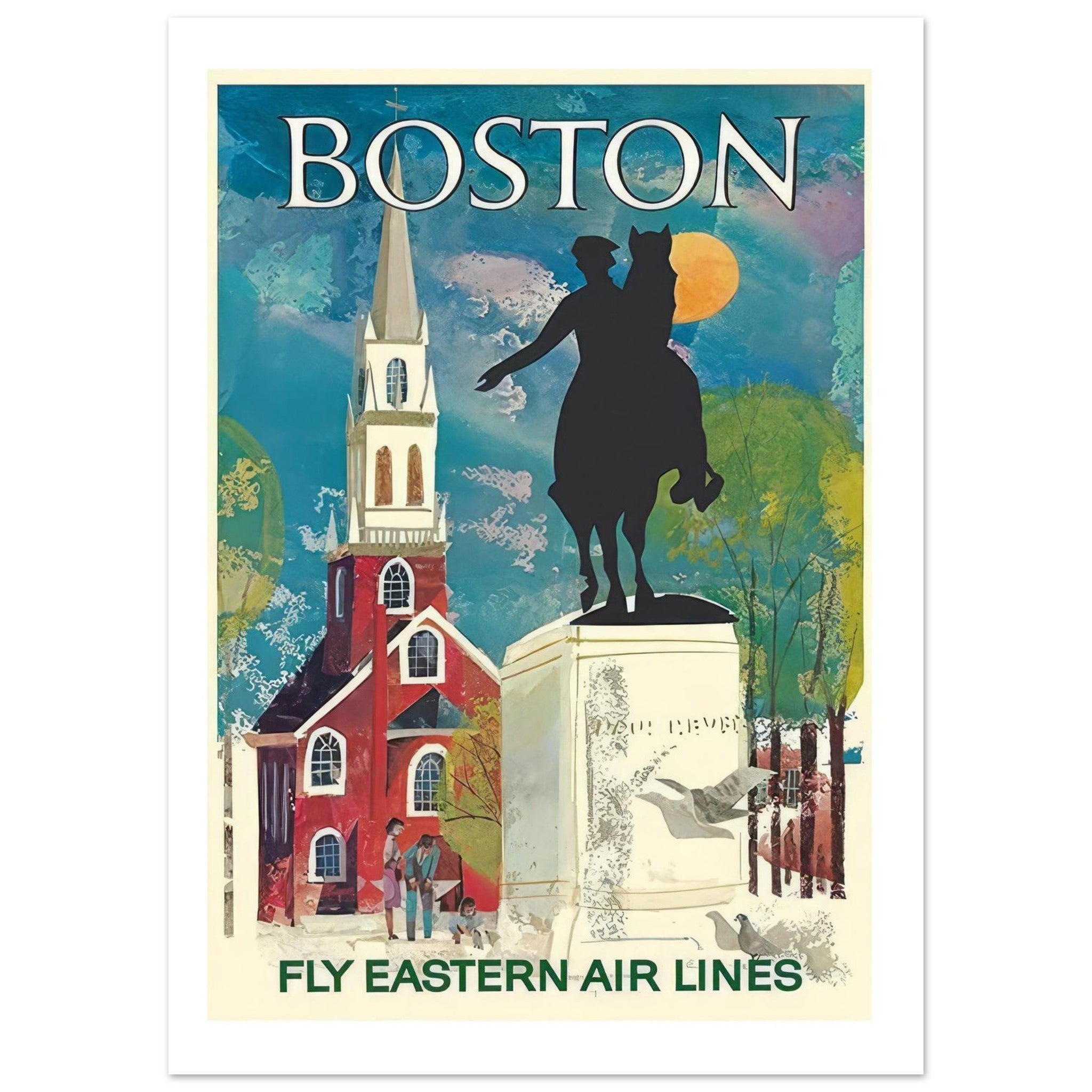 Vintage Boston travel poster showcasing Paul Revere statue and Old North Church against a colorful backdrop.