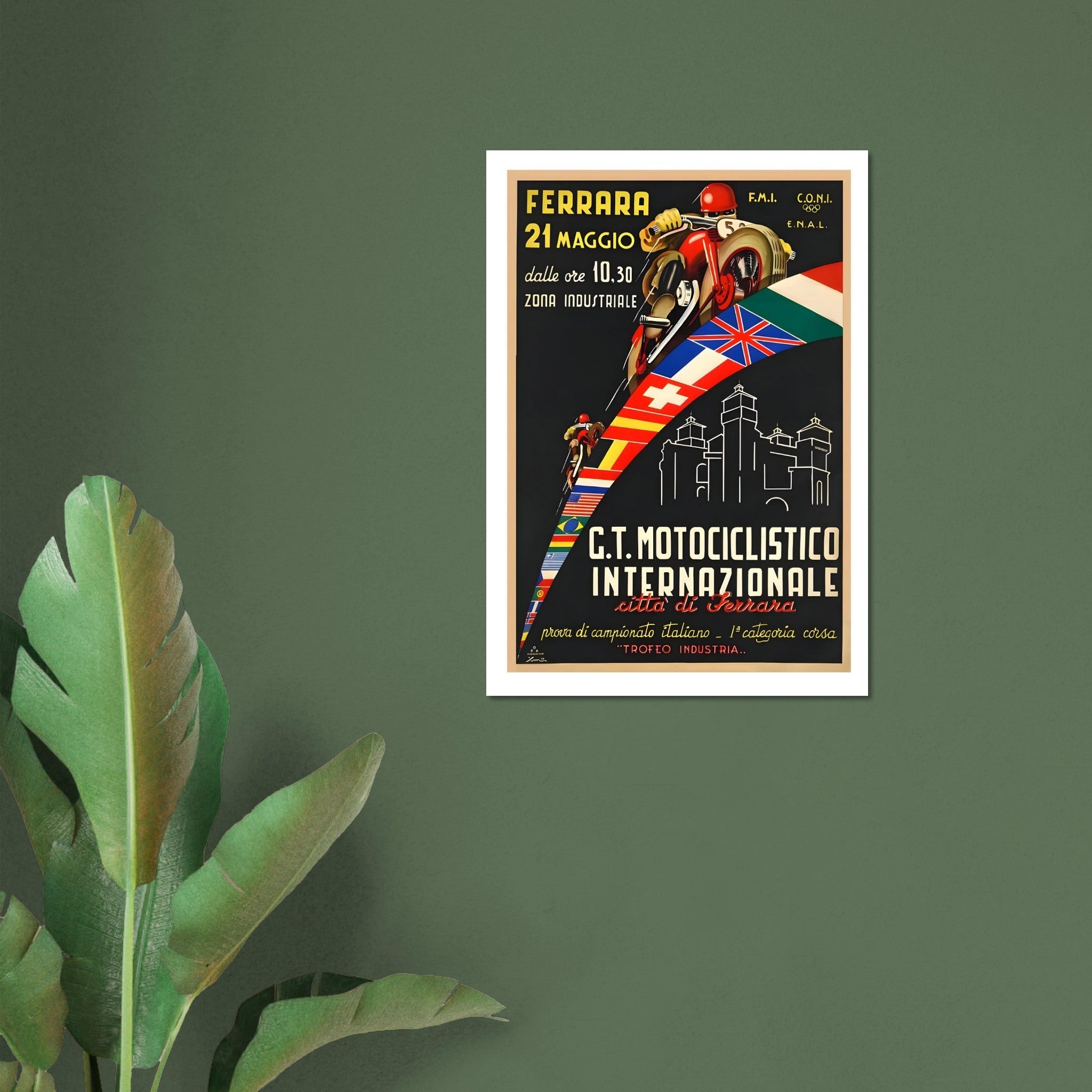 Vintage Italian racing poster featuring a dynamic racer and international flags for the G.T. Motociclistico Internazionale.
