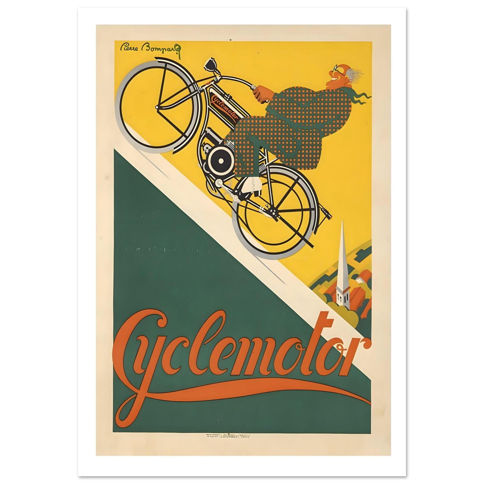 Vintage French Cyclemotor Uphill Travel Poster - Transit Art
