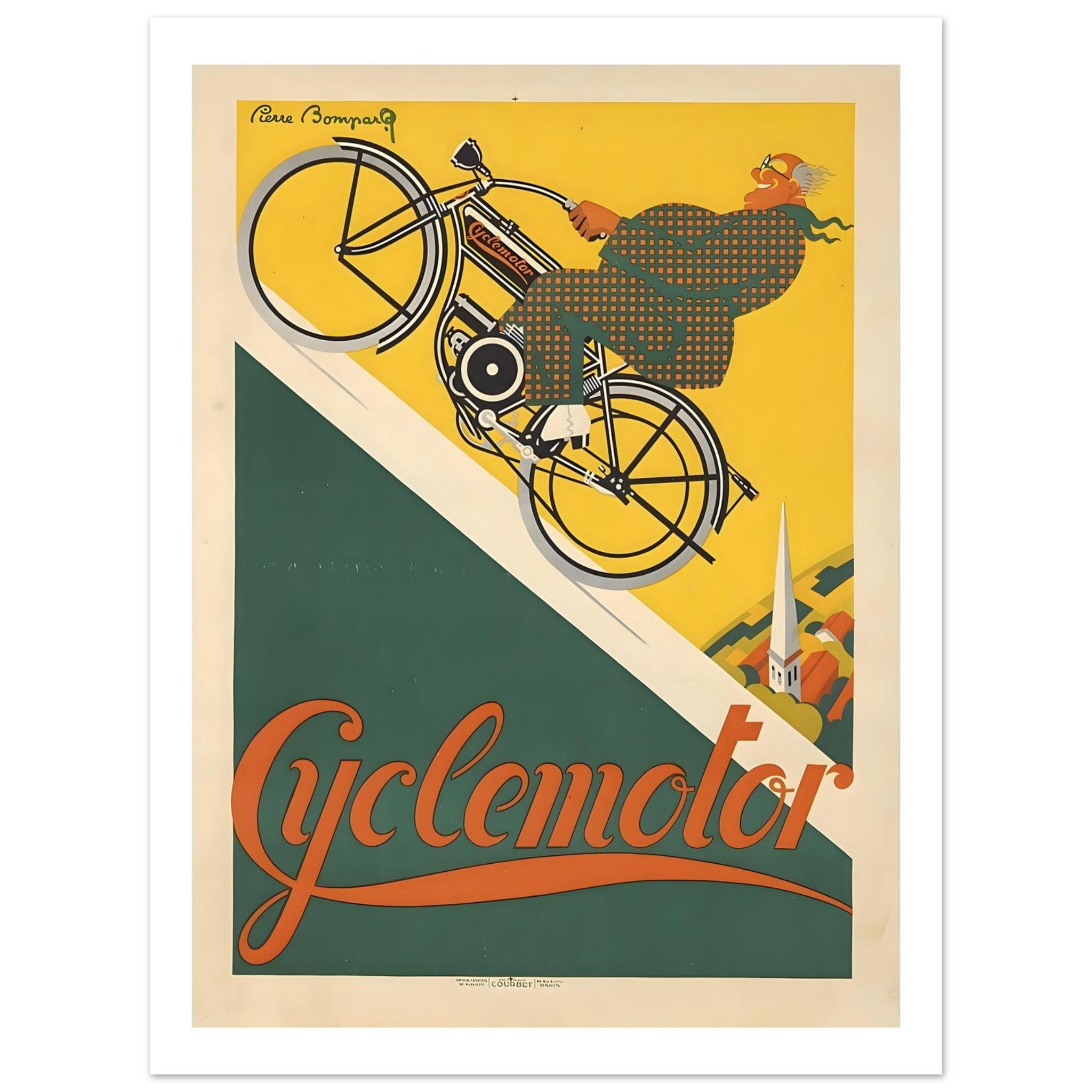 Vintage French Cyclemotor Uphill Travel Poster - Transit Art