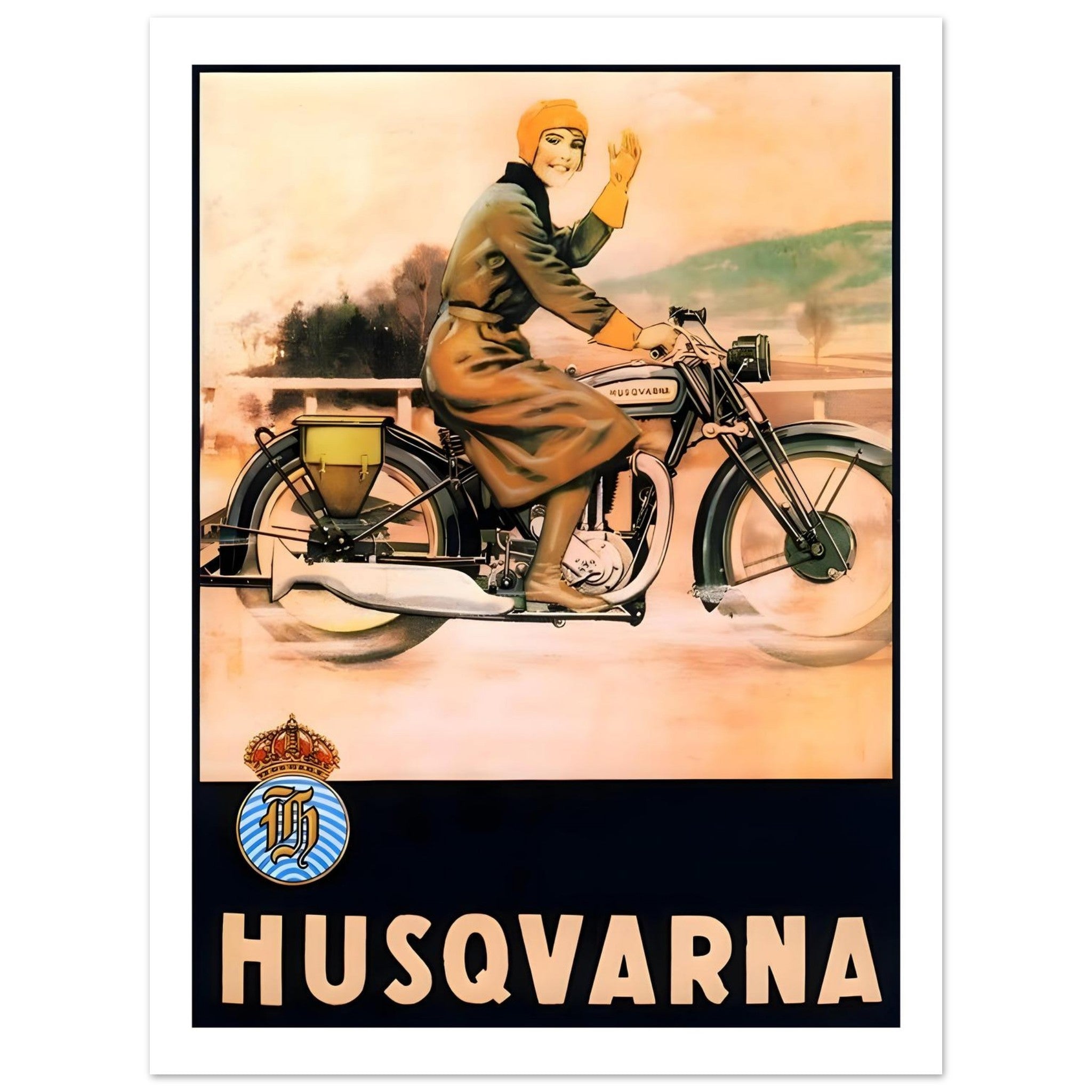 Vintage Husqvarna motorcycle poster featuring a woman riding a motorcycle with a cheerful expression.