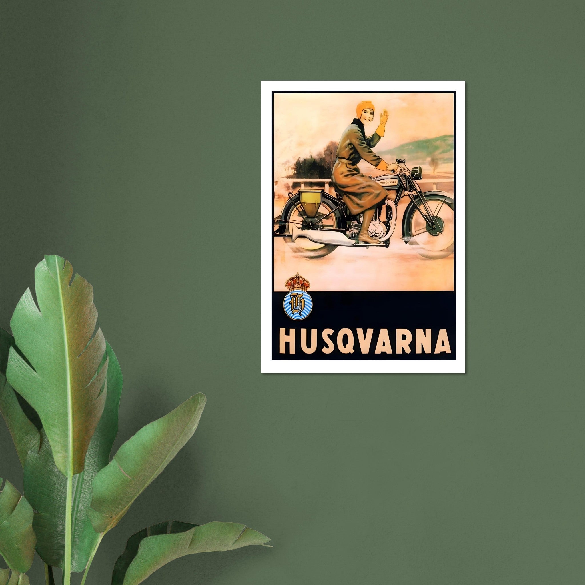 Vintage Husqvarna motorcycle poster featuring a woman riding a motorcycle with a warm landscape background.