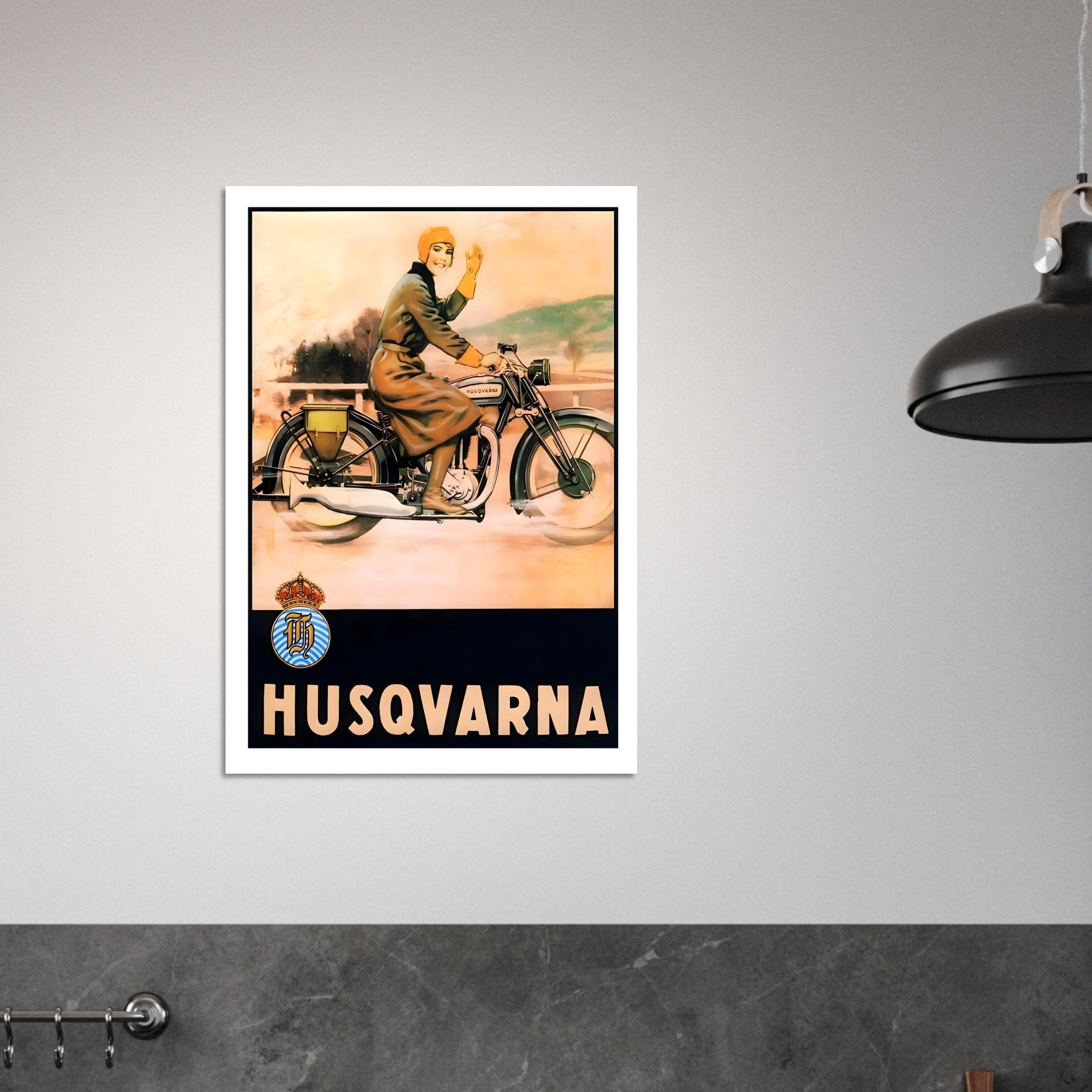 Vintage Husqvarna motorcycle poster featuring a woman riding a motorcycle with a scenic background.