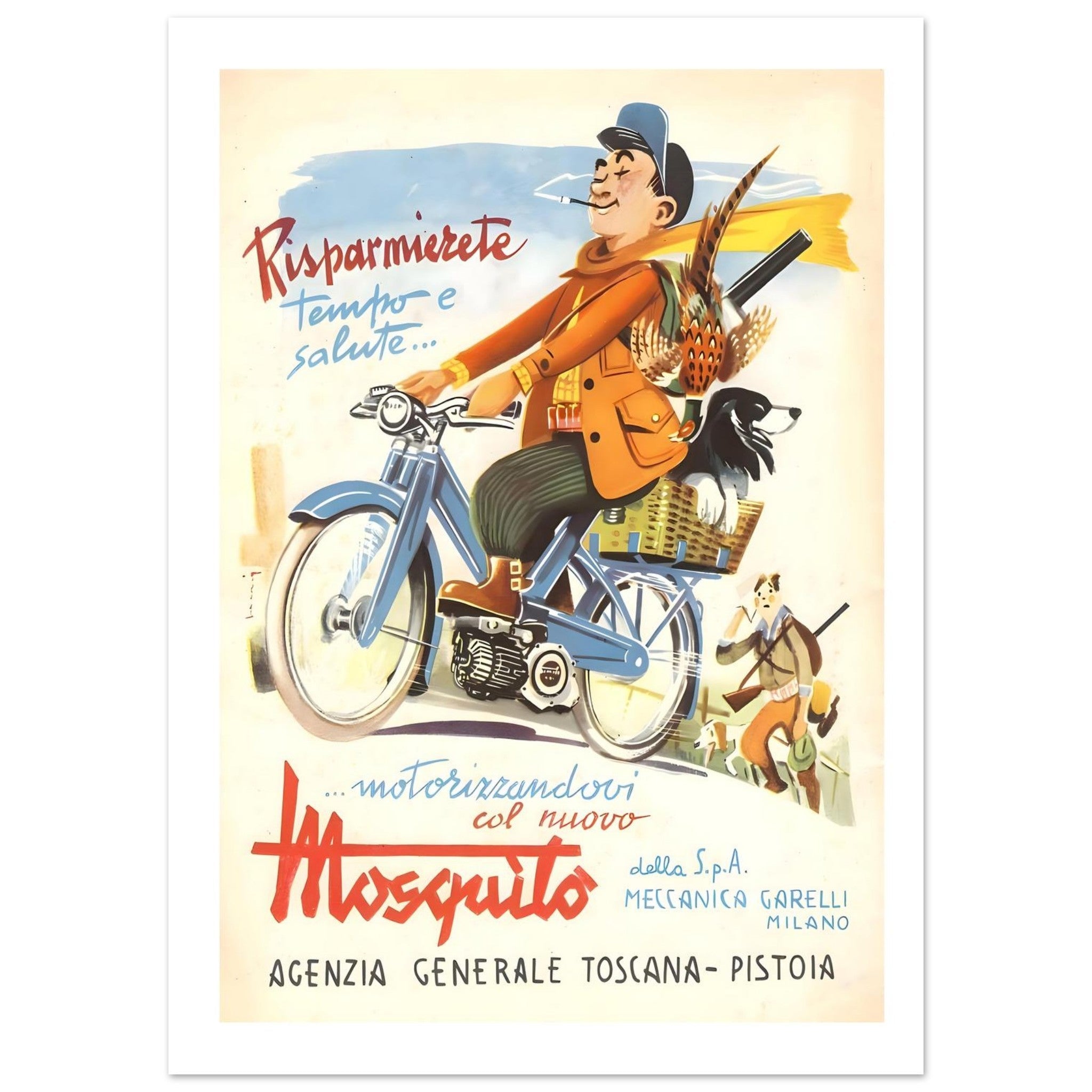 Vintage Garelli motorized bicycle poster featuring a cheerful hunter on a blue bicycle with a hunting dog.