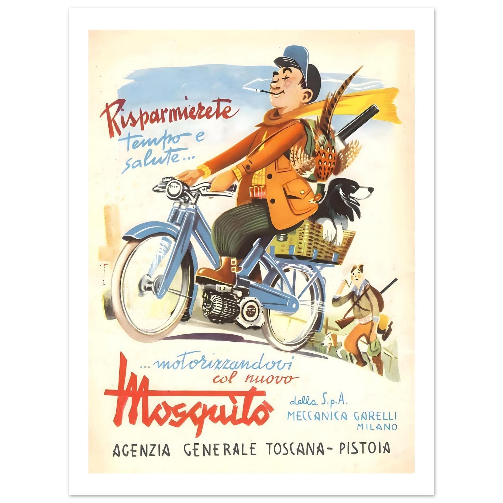 Vintage Garelli motorized bicycle poster featuring a cheerful hunter riding a blue bicycle with a dog and pheasants.