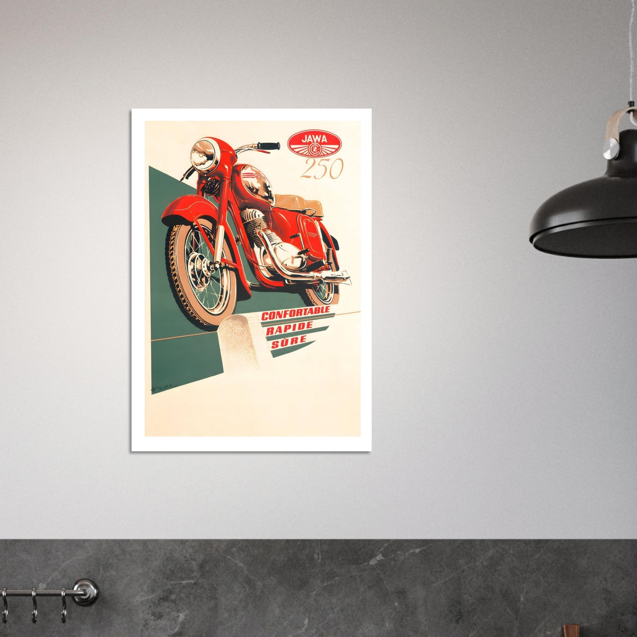 Vintage Jawa 250 motorcycle poster featuring a dynamic red motorcycle art display.