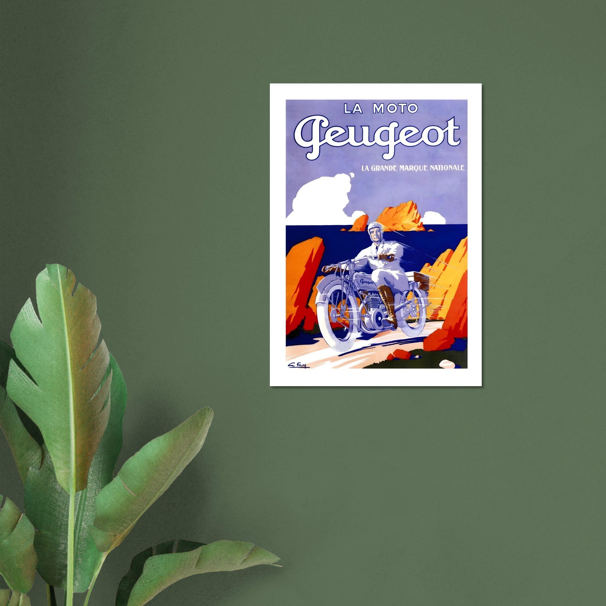 Vintage Peugeot motorcycle poster featuring a rider on a coastal road with vibrant colors and elegant design.
