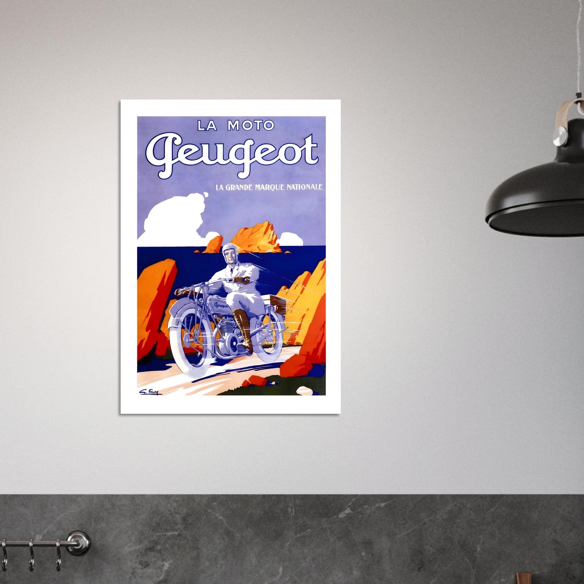 Vintage Peugeot motorcycle poster featuring a rider on a coastal road in bold colors.