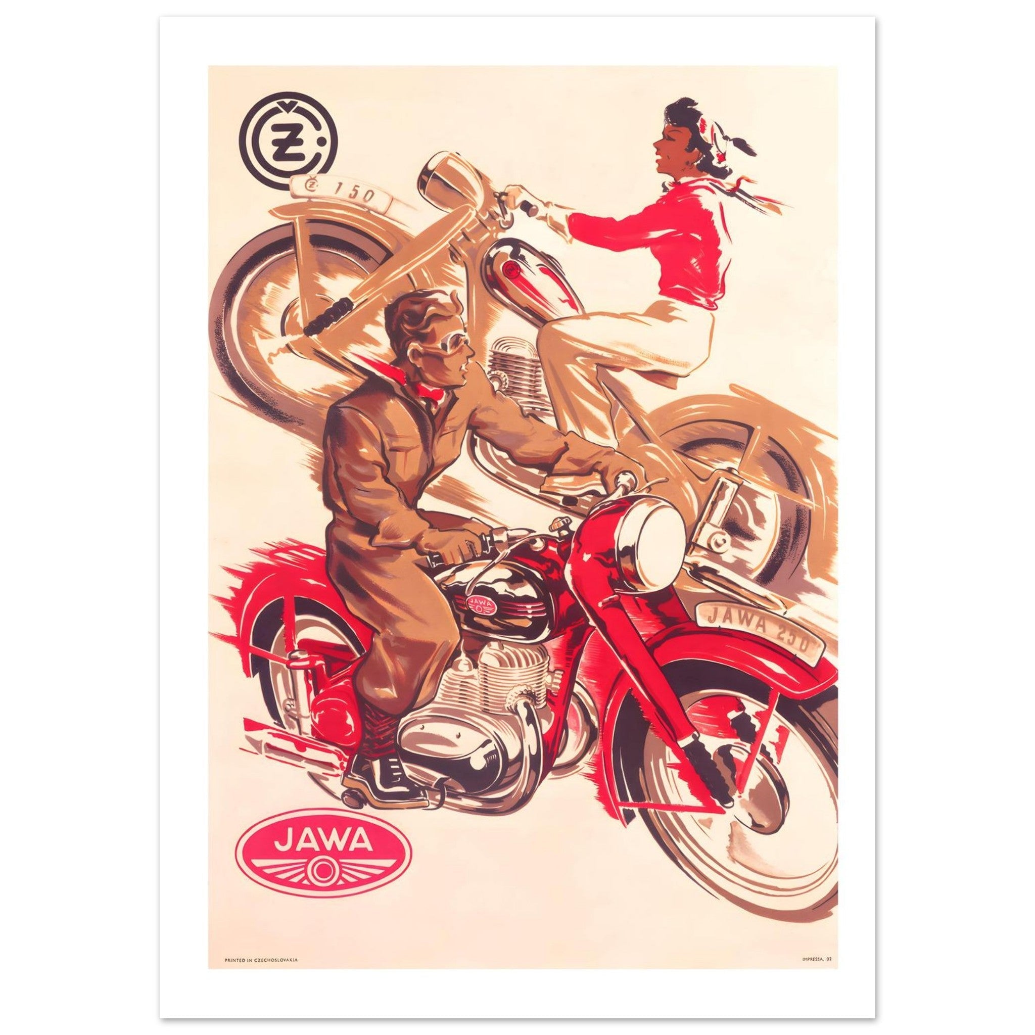 Vintage Mid - Century Jawa and ČZ Czechoslovakian Motorcycle Advertisement - Transit Art