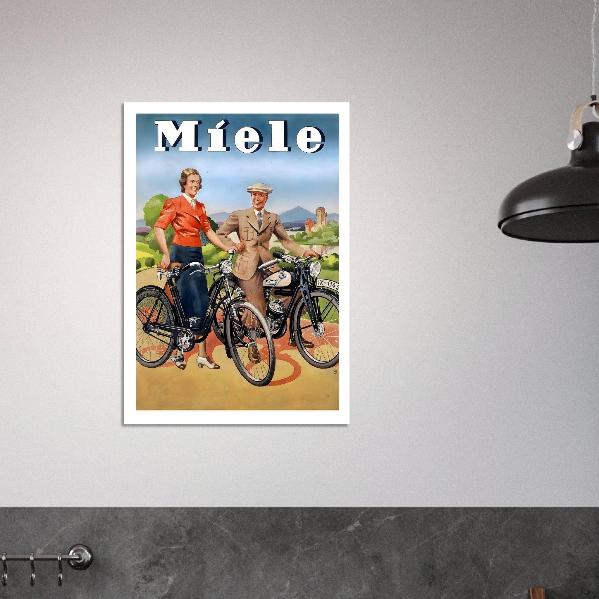 Vintage Miele Poster Featuring Classic Bicycle and Motorcycle - Transit Art