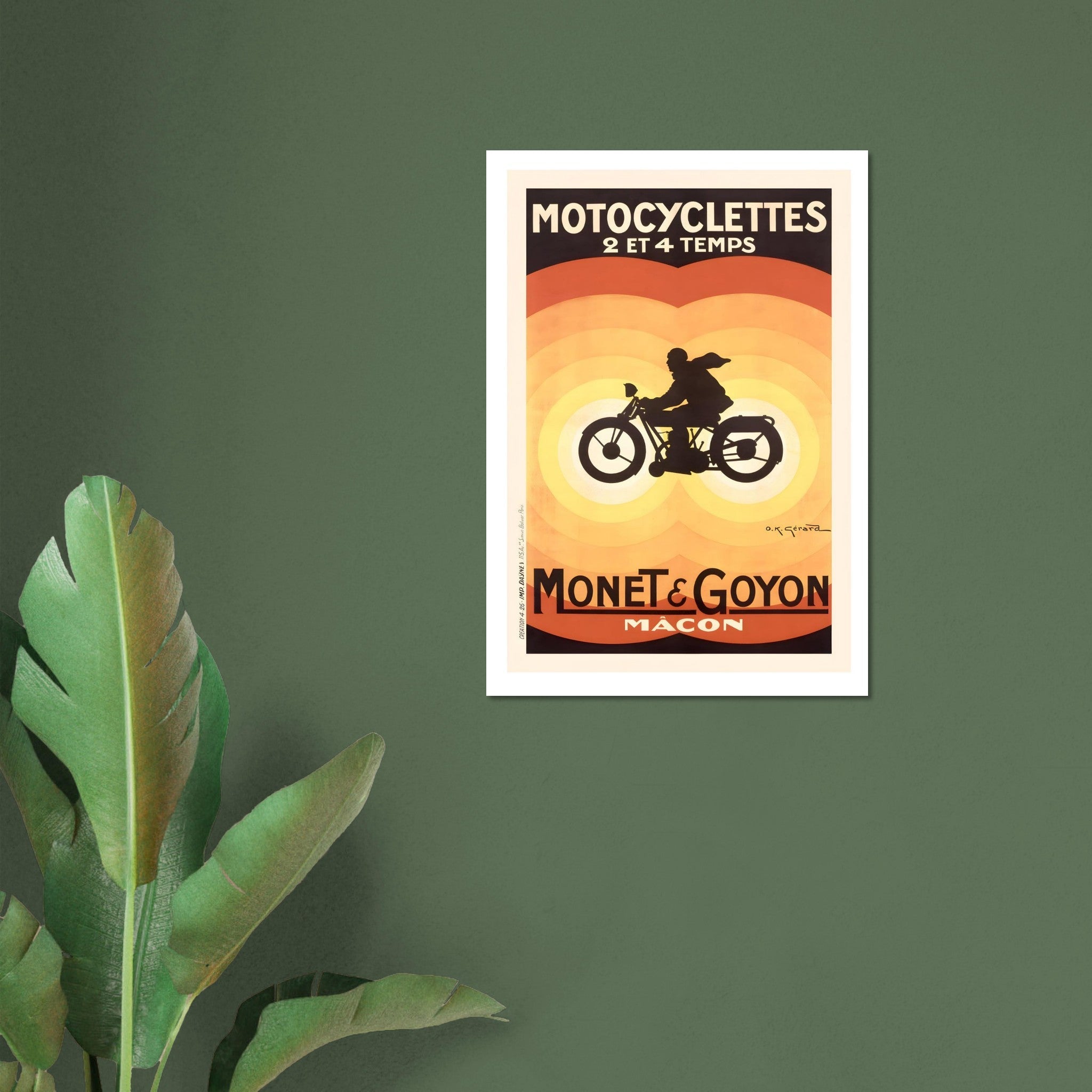 Vintage motorcycle advertising poster featuring a silhouette of a rider on a Monet & Goyon motorcycle.