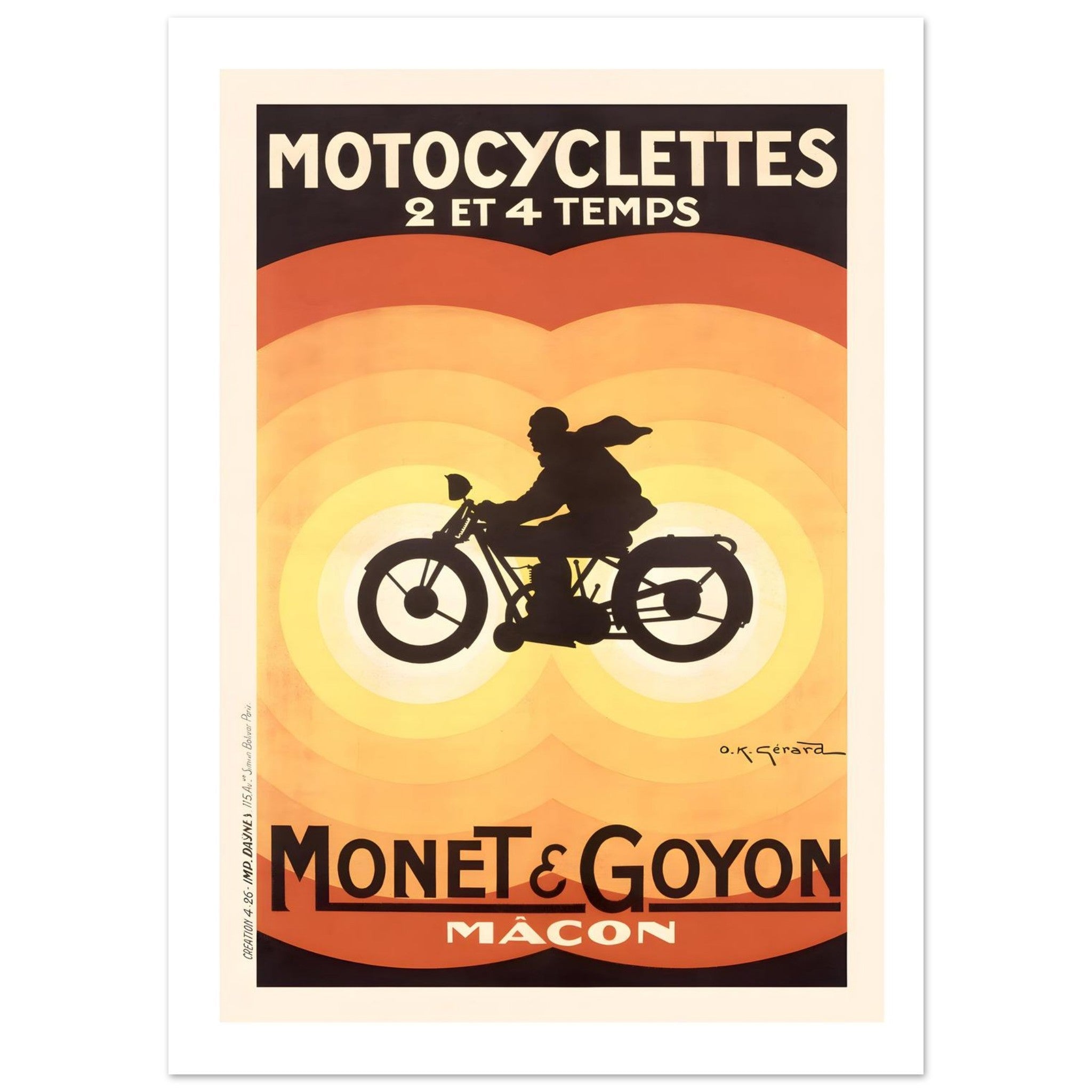 Vintage motorcycle advertising poster featuring a silhouette of a rider against vibrant concentric circles.