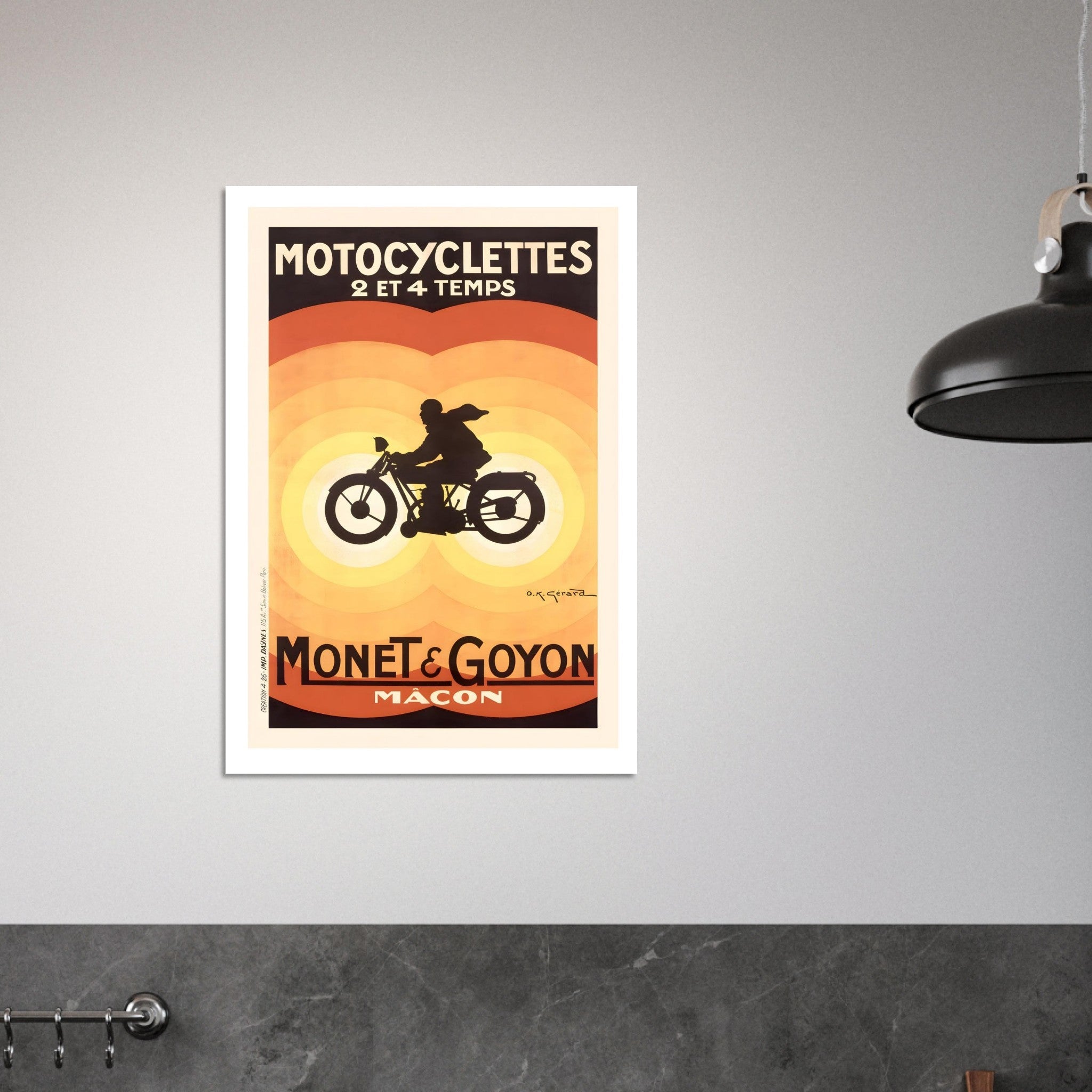 Colorful vintage motorcycle advertising poster featuring Monet & Goyon with a silhouette of a rider.