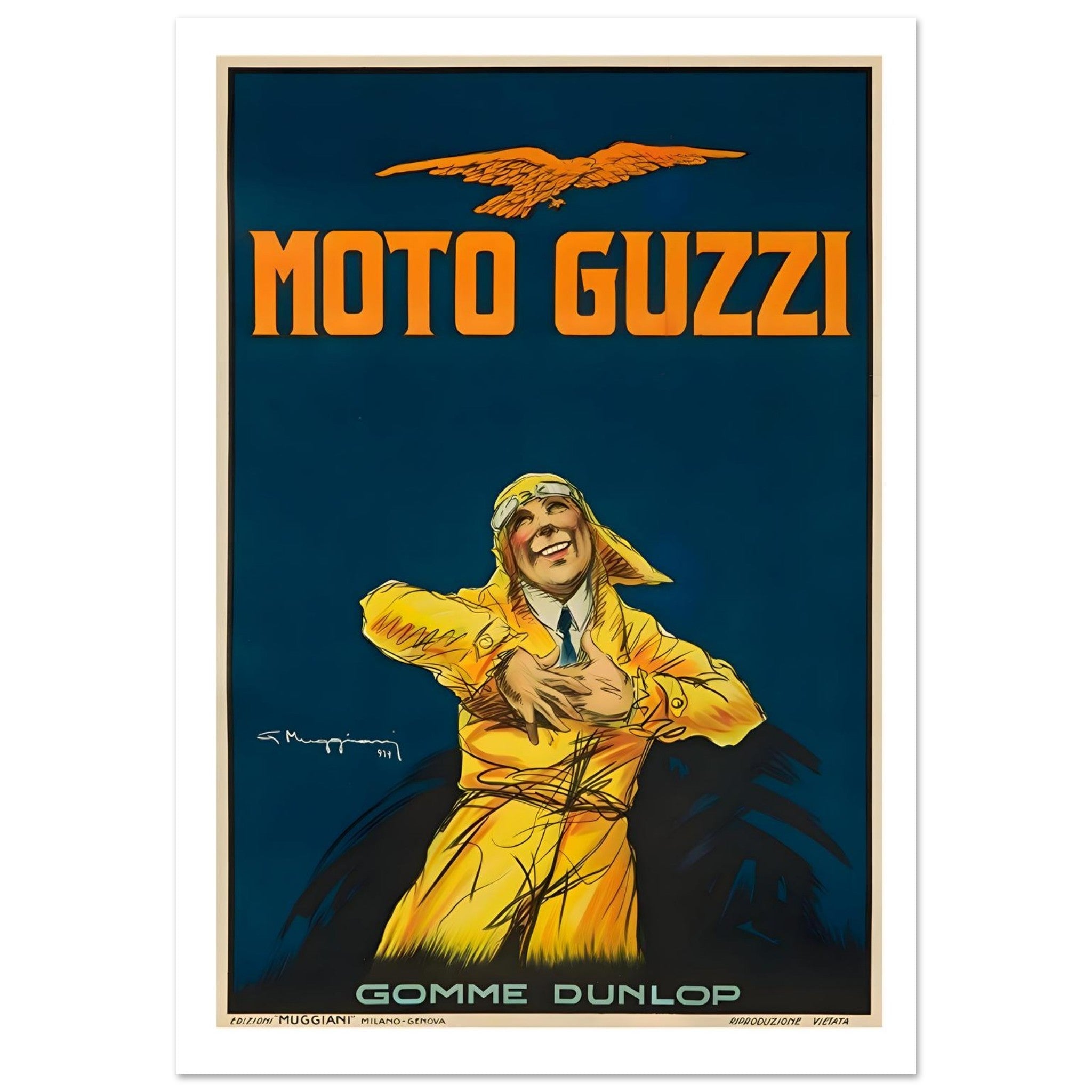 Vintage Moto Guzzi Poster With Joyful Yellow Rider - Transit Art