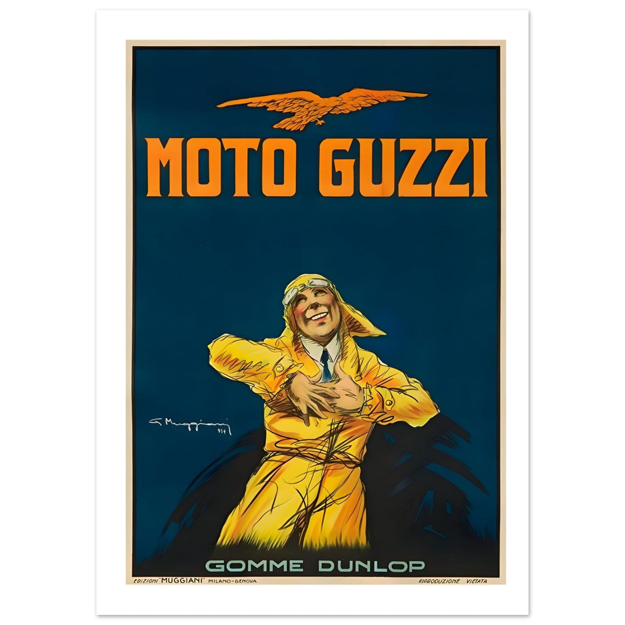 Vintage Moto Guzzi Poster With Joyful Yellow Rider - Transit Art