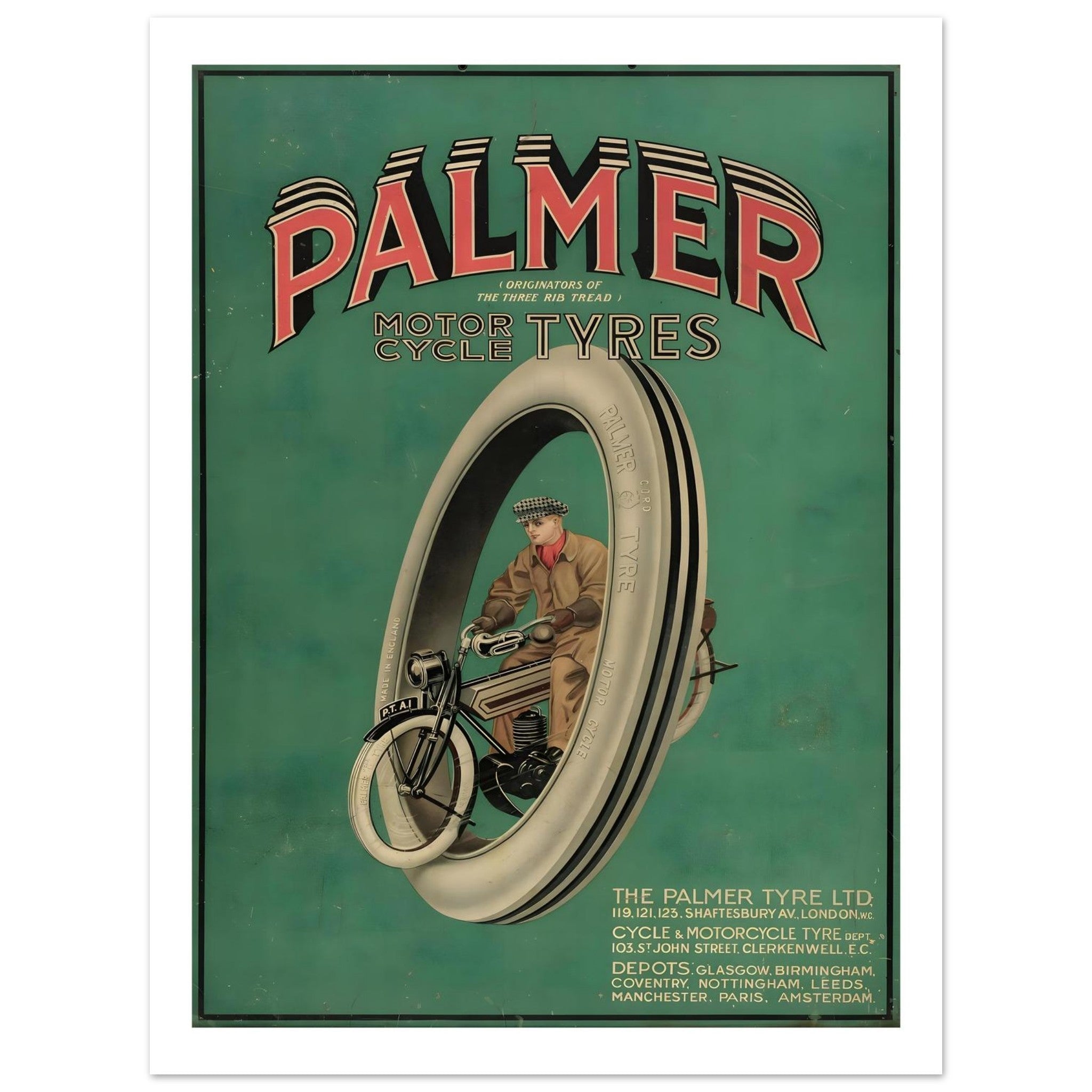 Vintage Palmer Motorcycle Tyres Surreal Graphic Advertising Poster - Transit Art