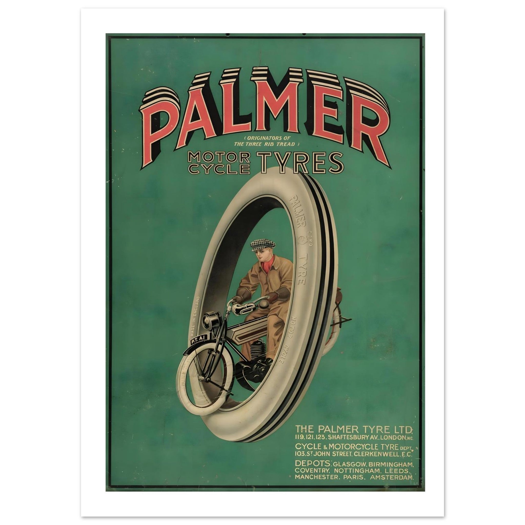 Vintage Palmer Motorcycle Tyres Surreal Graphic Advertising Poster - Transit Art