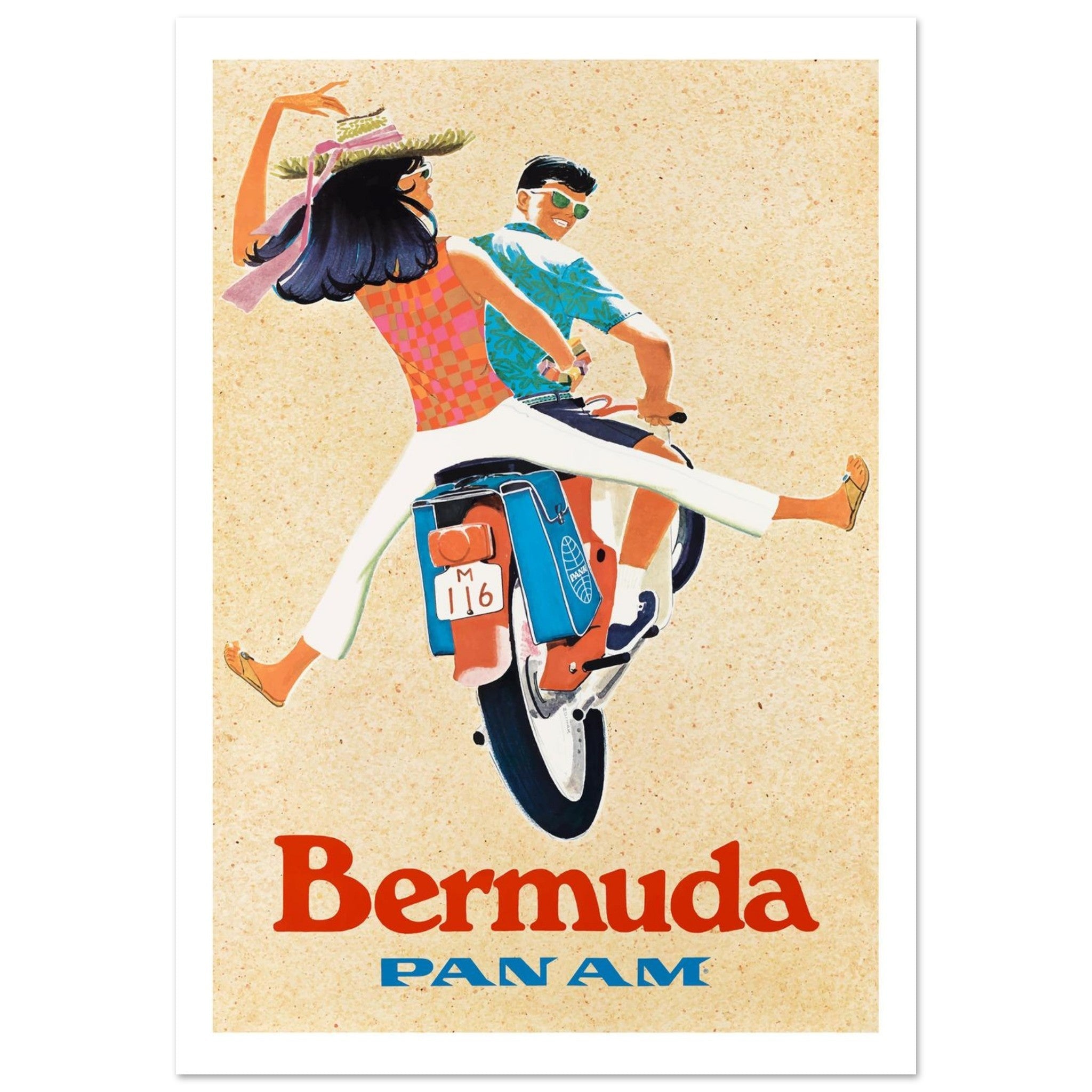 Vintage Pan Am Poster Featuring Playful Bermuda Scooter - Transit Art