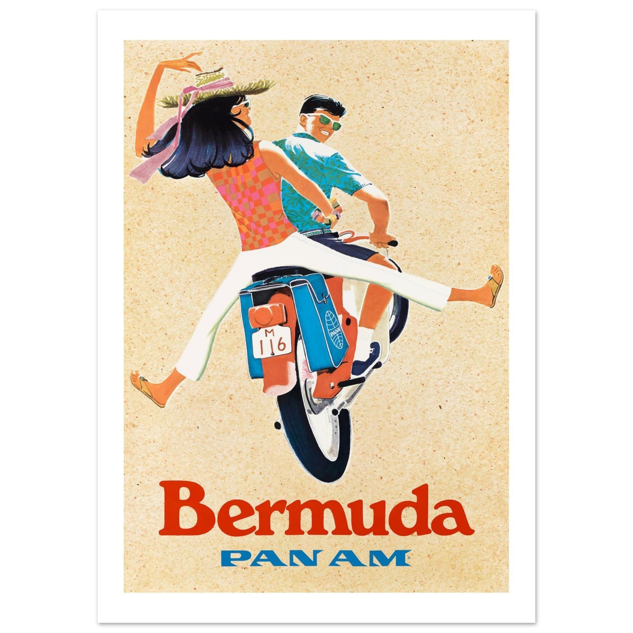 Vintage Pan Am Poster Featuring Playful Bermuda Scooter - Transit Art