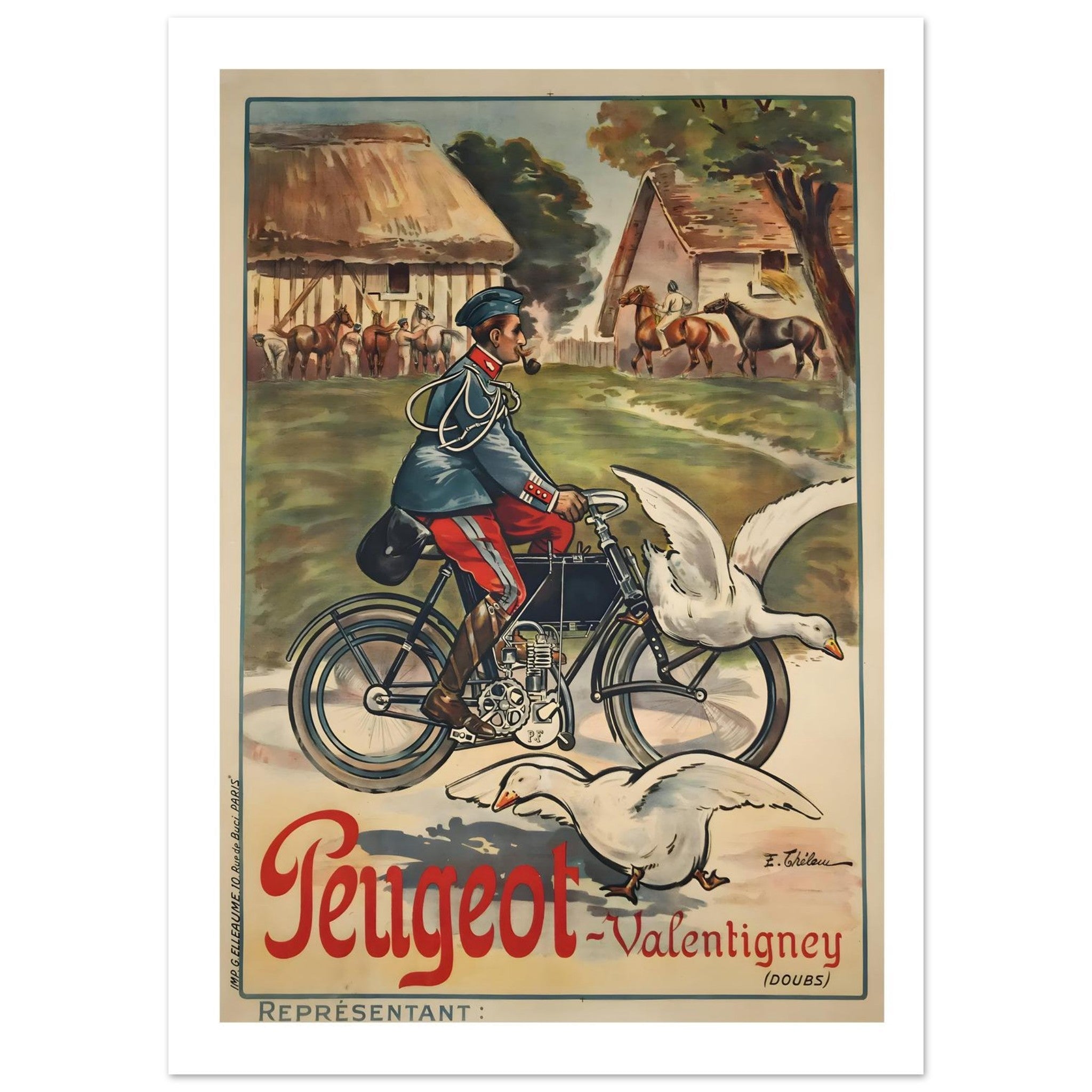 Vintage Peugeot Valentigny French Military Motorcycle Advertising Poster - Transit Art