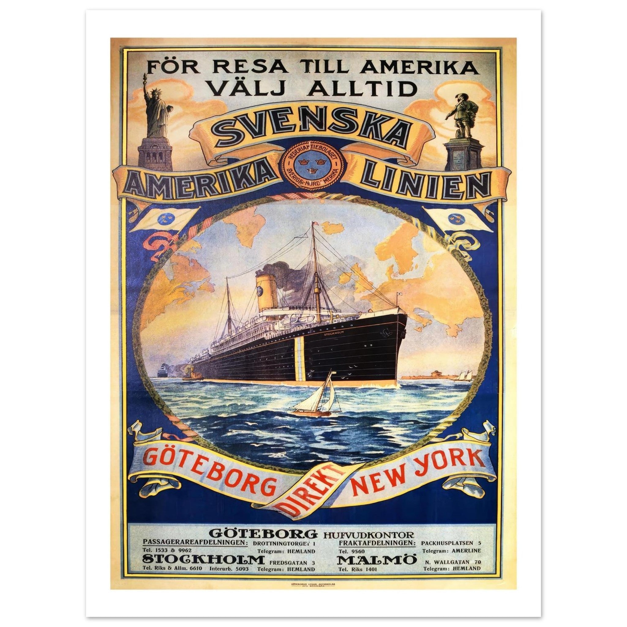 Vintage Swedish America Line Poster - Transit Art