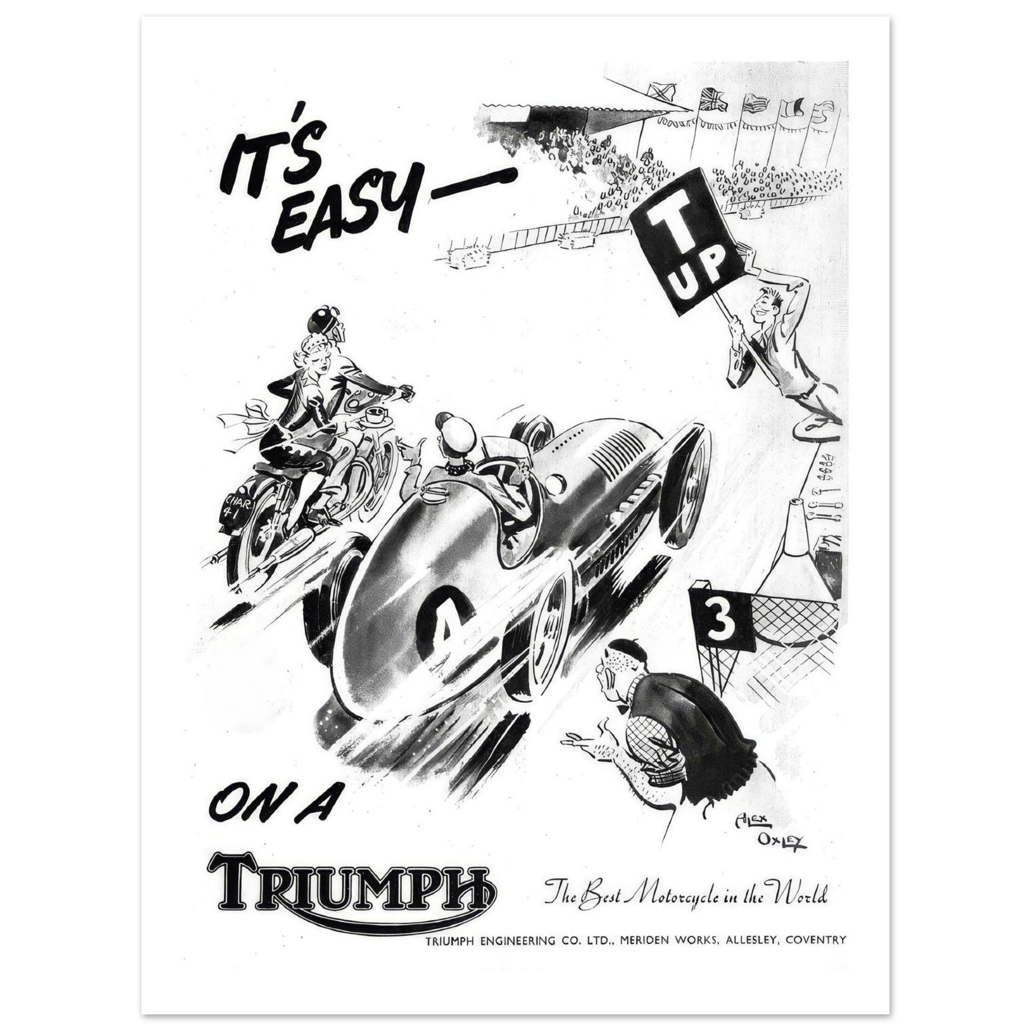 Vintage Triumph Engineering Racing Cartoon Promotional Poster - Transit Art
