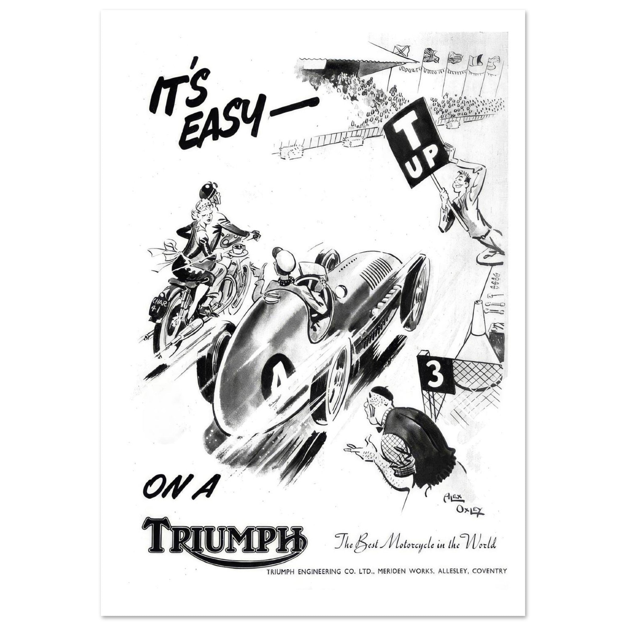 Vintage Triumph Engineering Racing Cartoon Promotional Poster - Transit Art