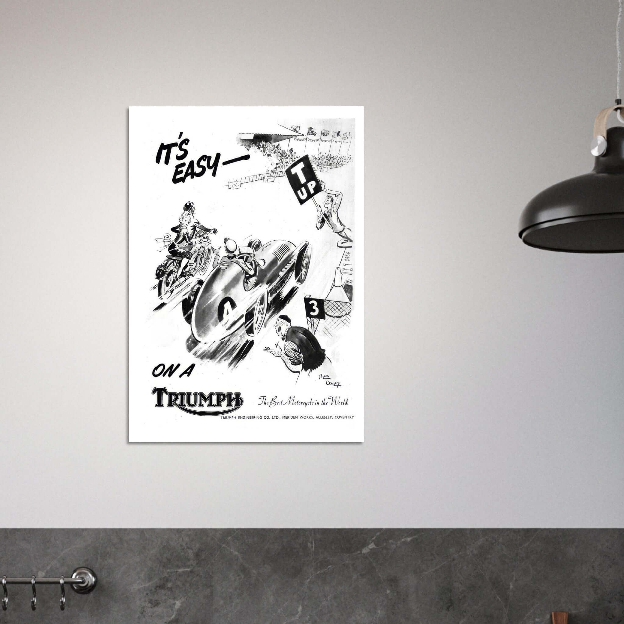 Embrace vintage charm in style Dive into the world of retro with our Vintage Triumph Engineering Racing Cartoon Promotional Poster. This unique piece features vibrant colors and whimsical art, reflecting the excitement of classic motorcycle racing. Whethe