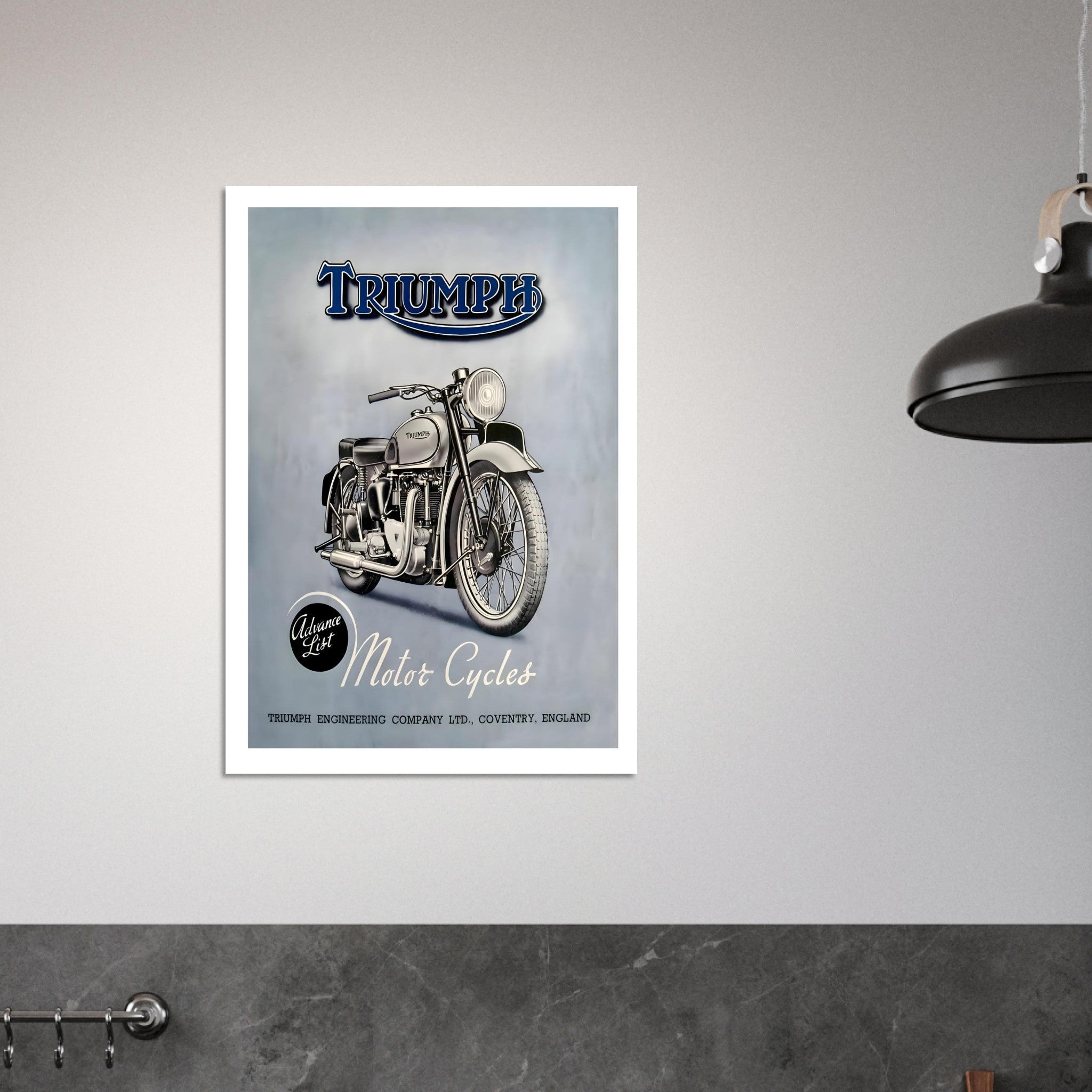 Vintage Triumph motorcycle poster featuring iconic bike on soft blue background with detailed design elements.