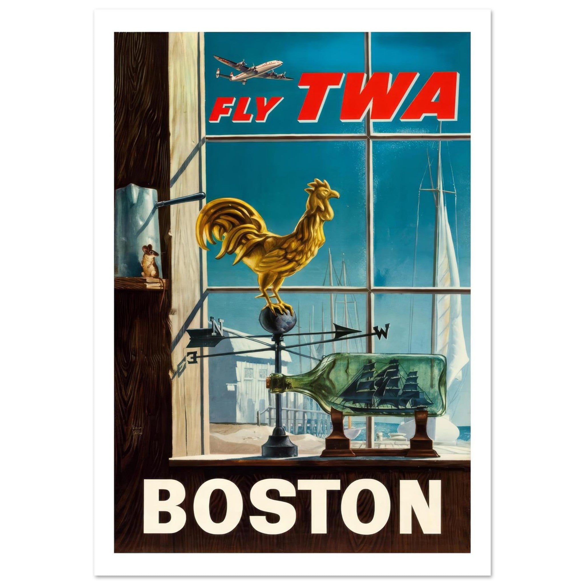Vintage TWA Poster Highlighting Boston's Iconic Maritime Heritage - Transit Art
