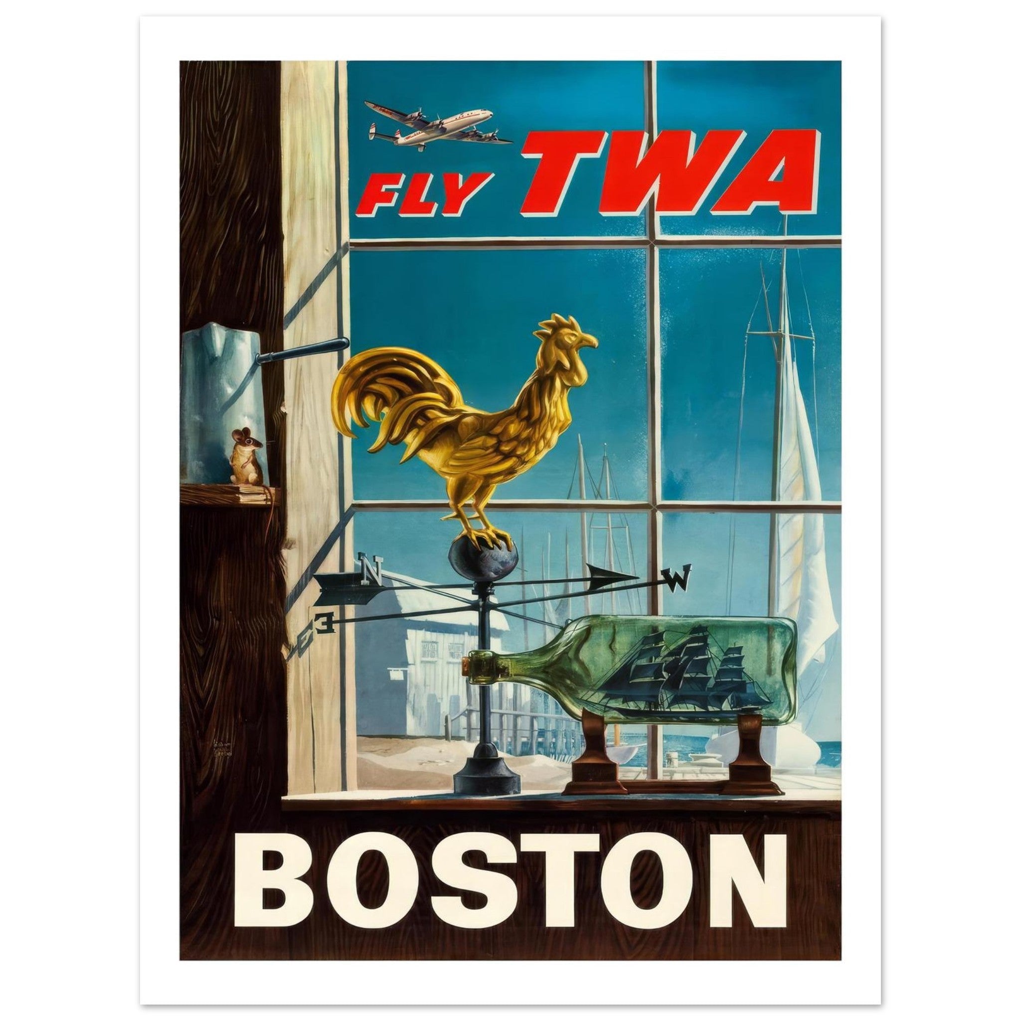 Vintage TWA Poster Highlighting Boston's Iconic Maritime Heritage - Transit Art